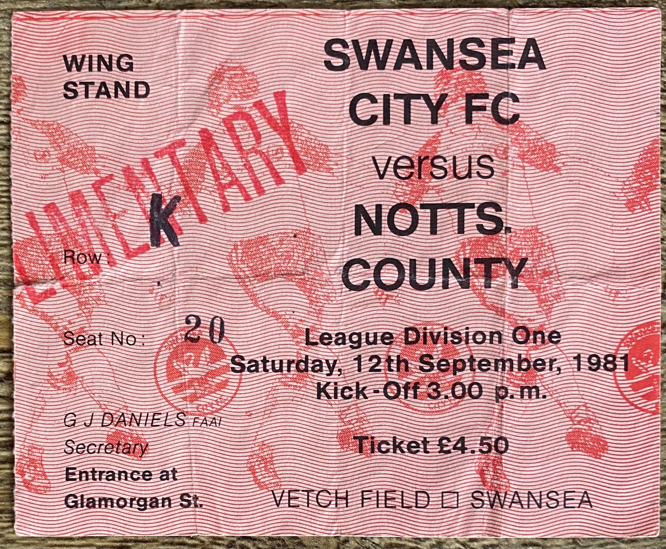 1981/82 ORIGINAL DIVISION 1 TICKET SWANSEA CITY V NOTTS COUNTY