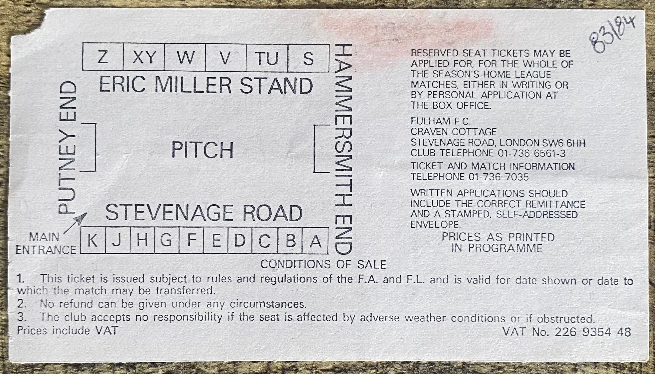 1983/84 ORIGINAL DIVISION 2 TICKET FULHAM V HUDDERSFIELD TOWN