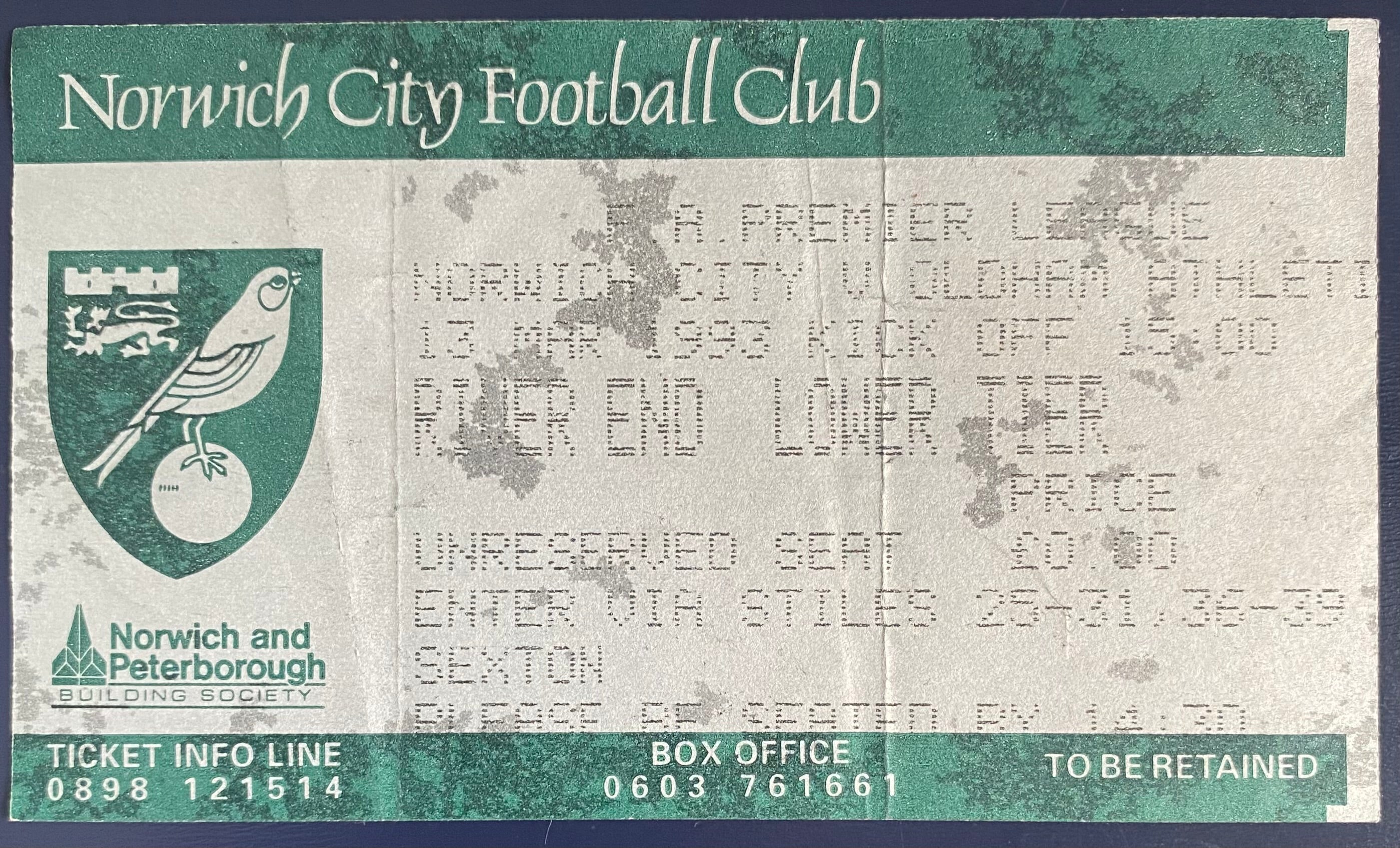 1992/93 ORIGINAL FA PREMIER LEAGUE TICKET NORWICH CITY V OLDHAM ATHLETIC
