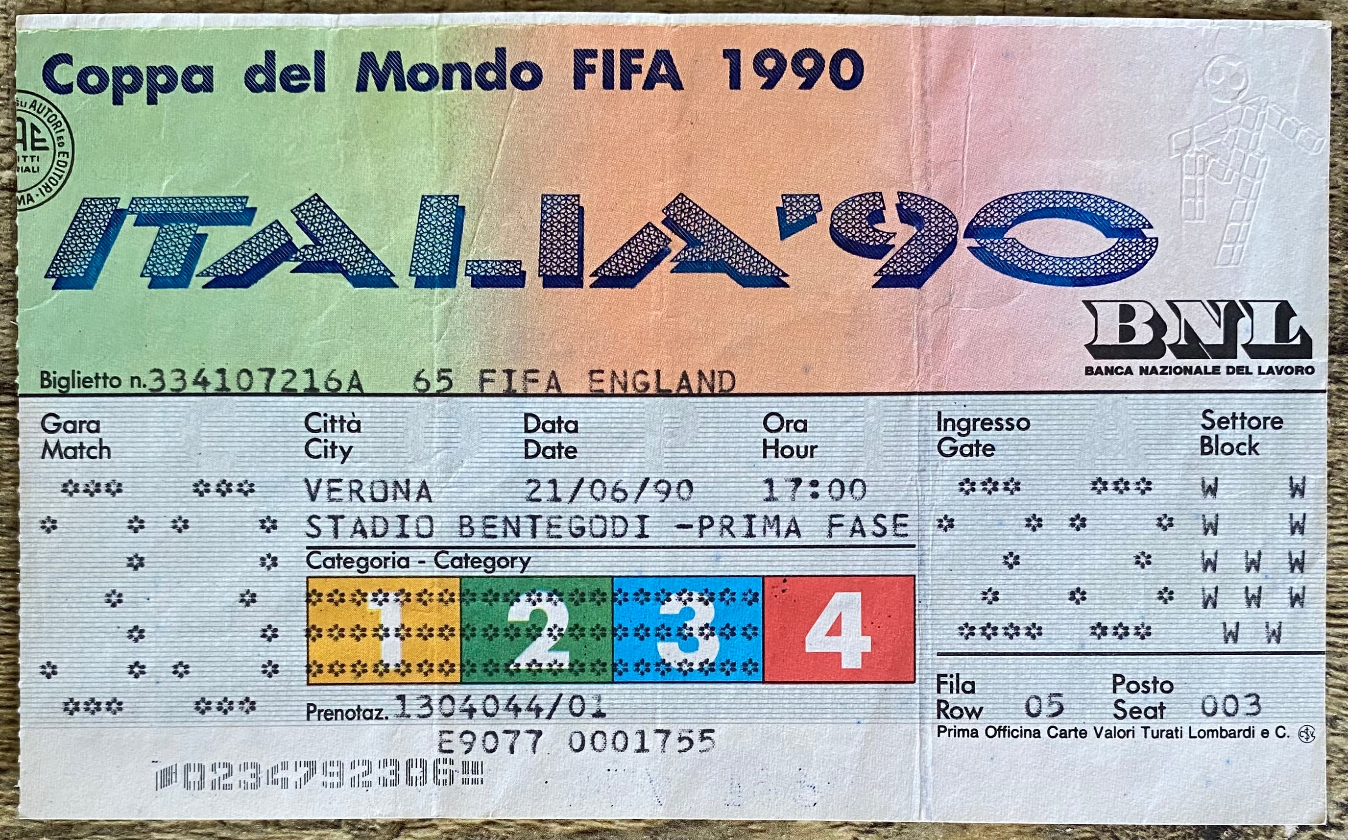 1990 ORIGINAL WORLD CUP 1ST ROUND TICKET BELGIUM V SPAIN @ VERONA