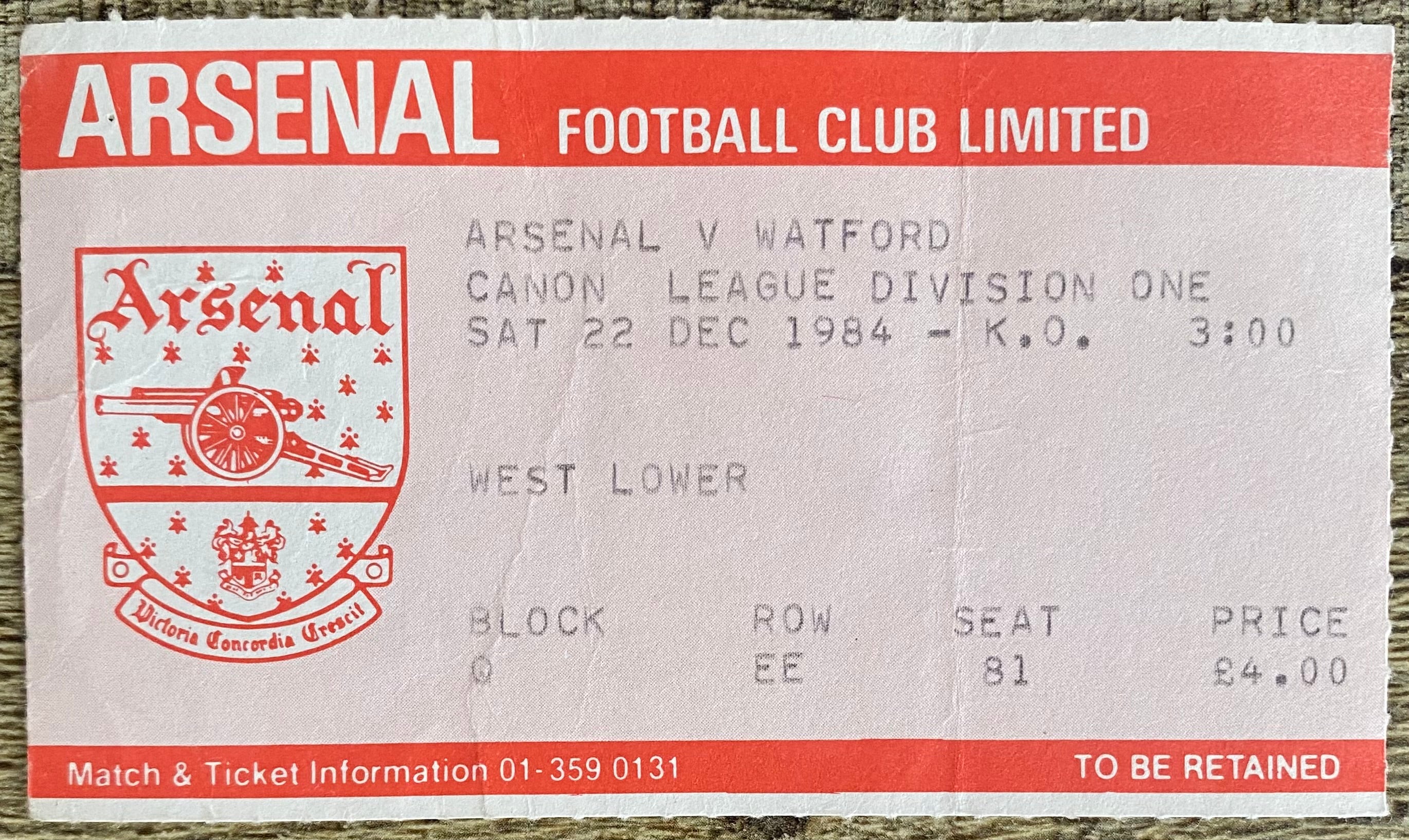 1984/85 ORIGINAL DIVISION 1 TICKET ARSENAL V WATFORD