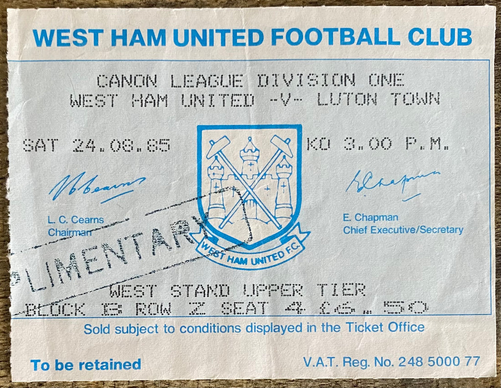 1985/86 ORIGINAL DIVISION ONE TICKET WEST HAM UNITED V LUTON TOWN