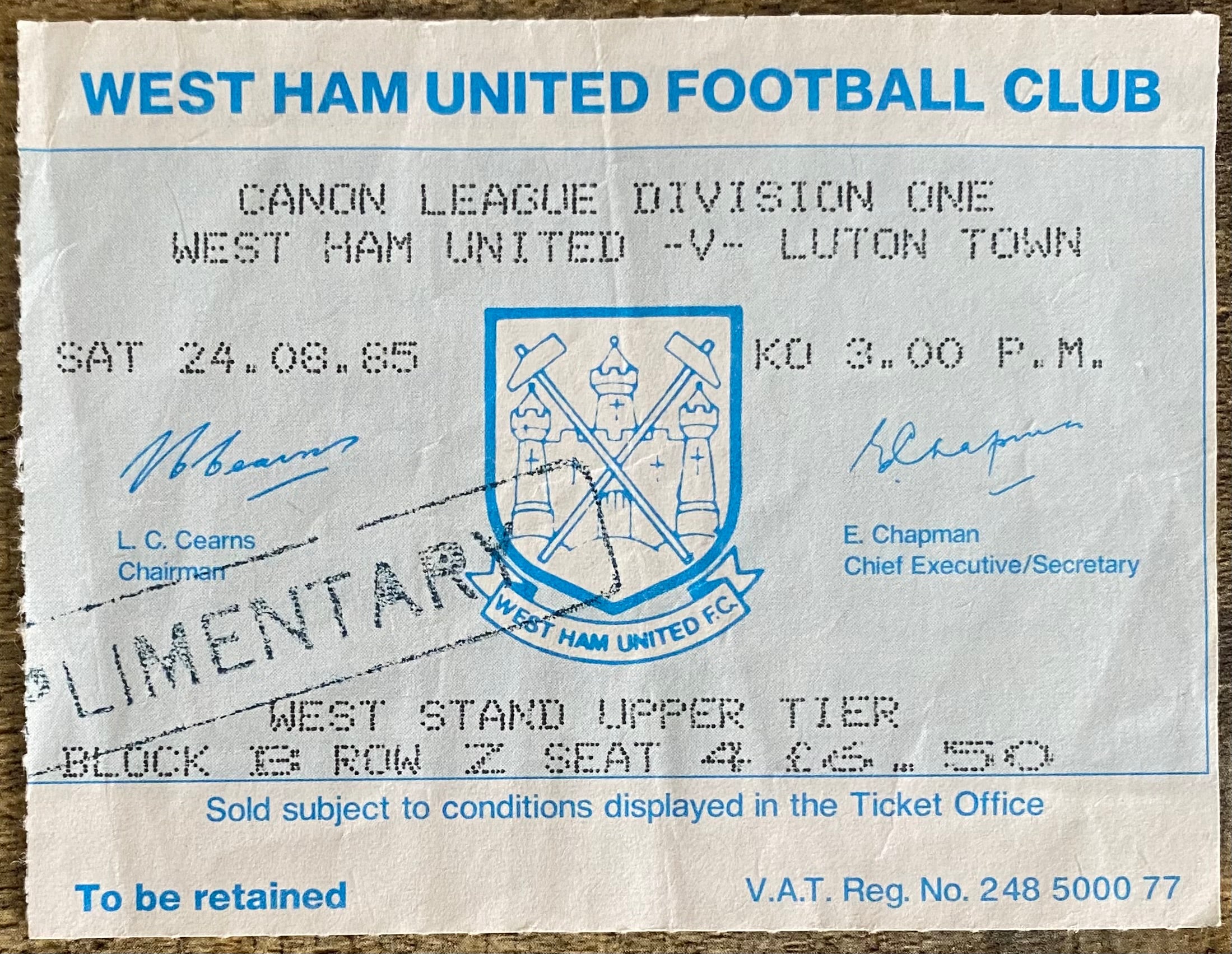 1985/86 ORIGINAL DIVISION ONE TICKET WEST HAM UNITED V LUTON TOWN