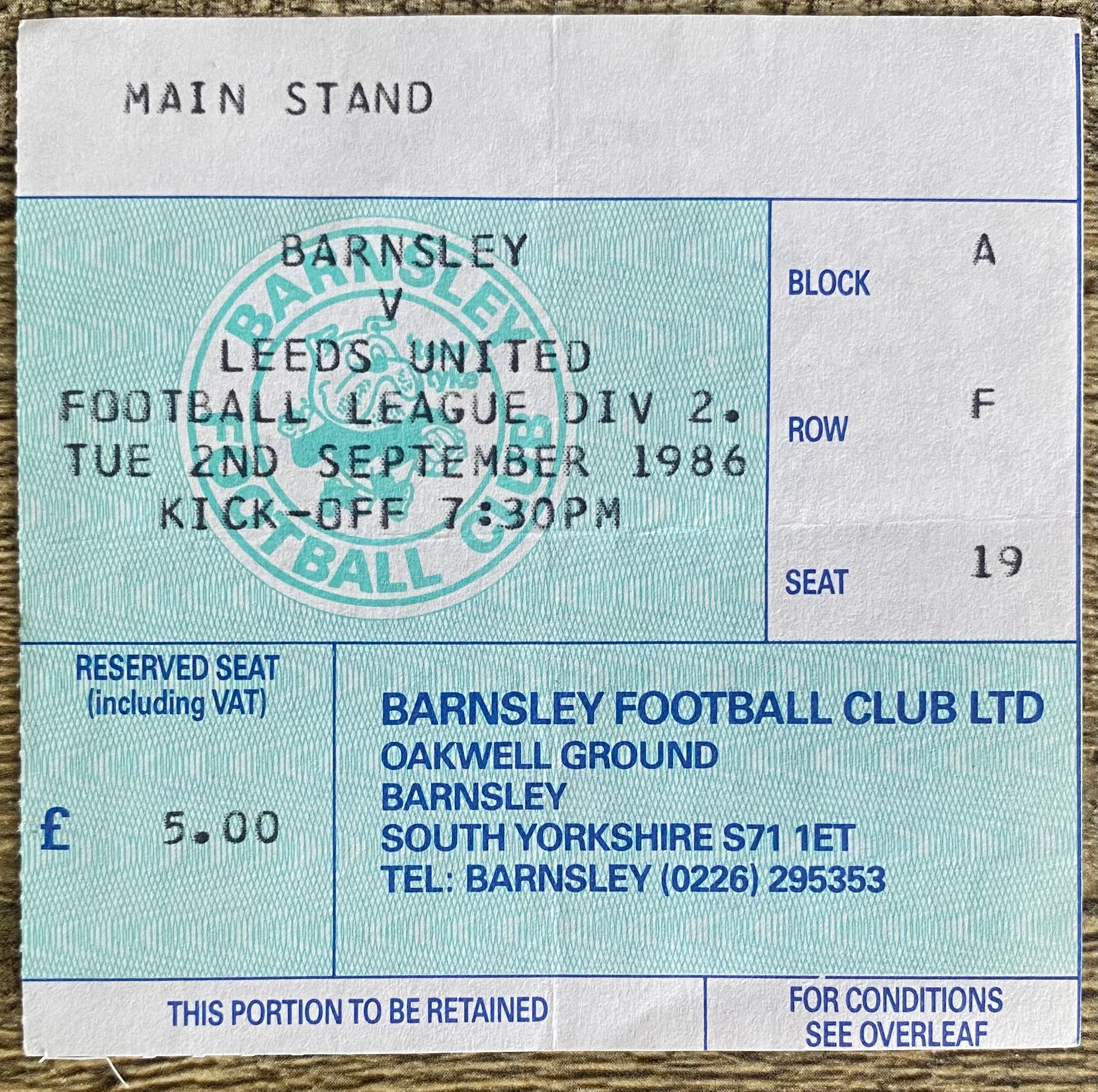 1986/87 ORIGINAL DIVISION TWO TICKET BARNSLEY V LEEDS UNITED