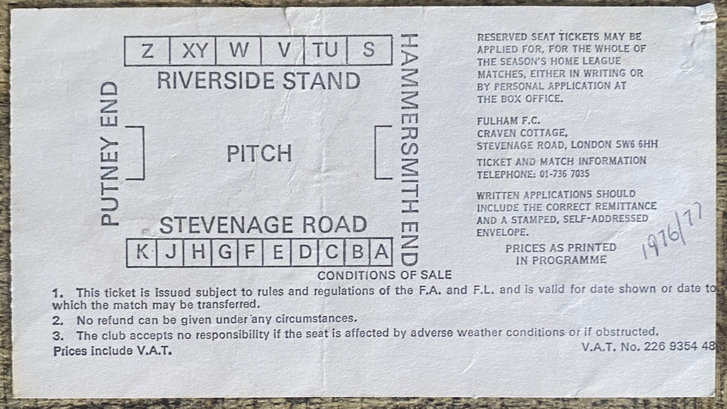 1976/77 ORIGINAL DIVISION 2 TICKET FULHAM V OLDHAM ATHLETIC