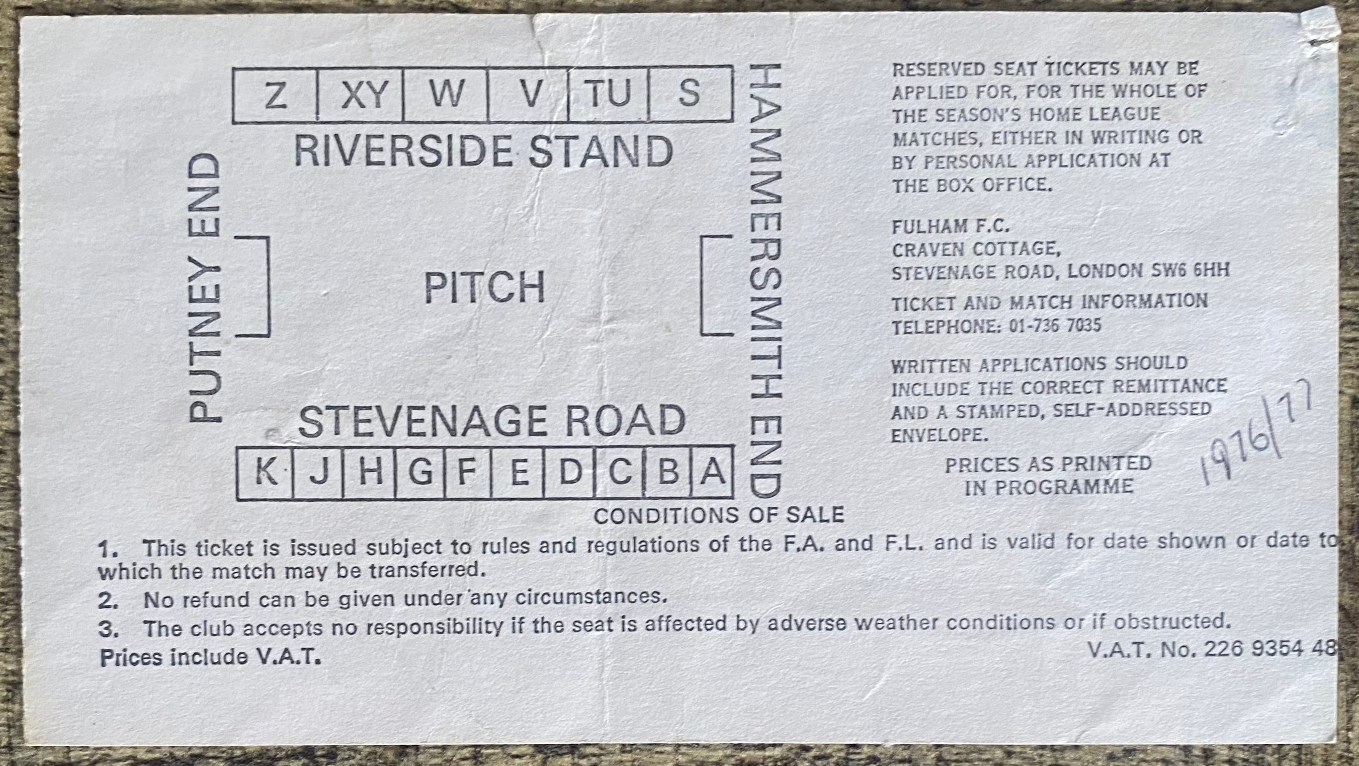 1976/77 ORIGINAL DIVISION 2 TICKET FULHAM V OLDHAM ATHLETIC