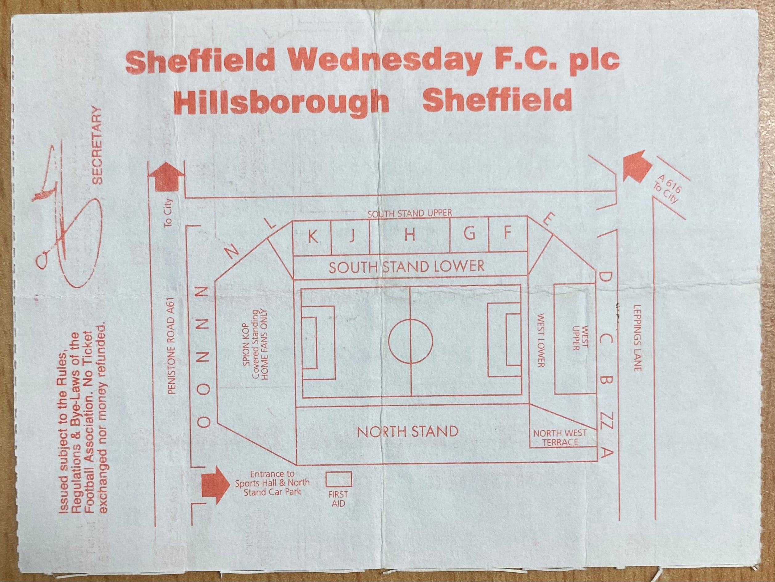 1992/93 ORIGINAL PREMIER LEAGUE TICKET SHEFFIELD WEDNESDAY V NOTTINGHAM FOREST
