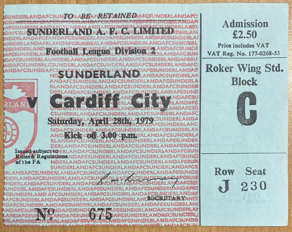 1979/80 ORIGINAL DIVISION 2 TICKET SUNDERLAND V CARDIFF CITY