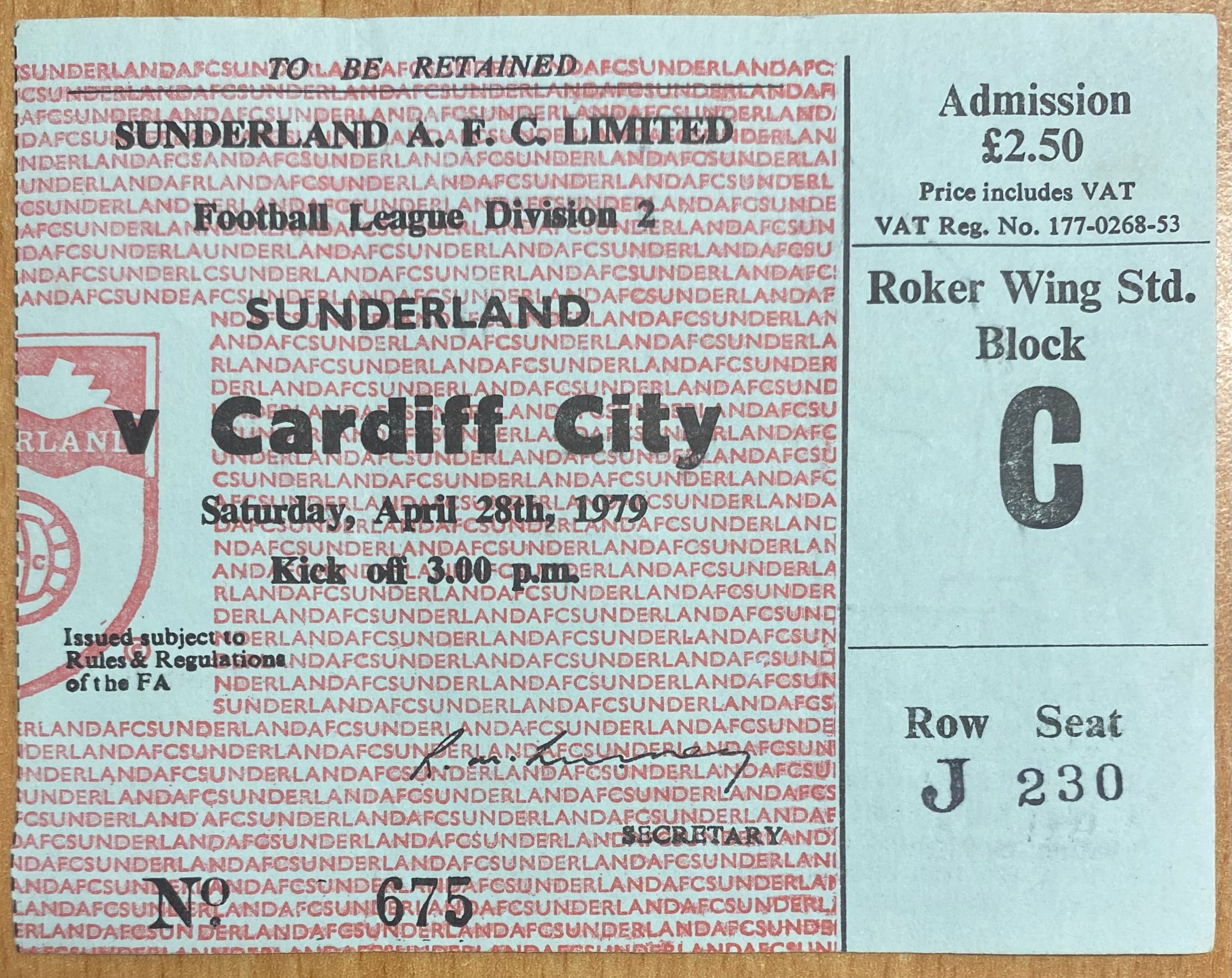 1979/80 ORIGINAL DIVISION 2 TICKET SUNDERLAND V CARDIFF CITY