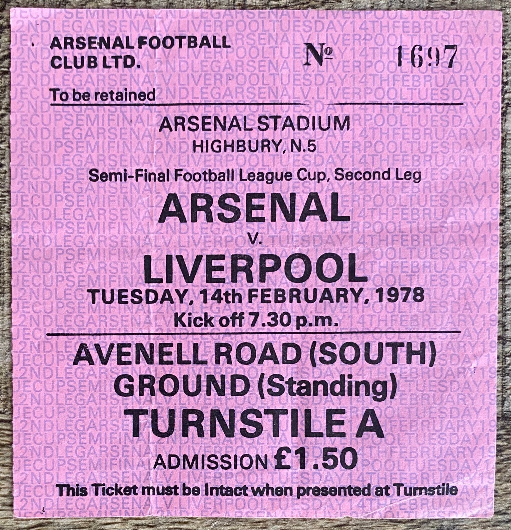 1977/78 ORIGINAL FOOTBALL LEAGUE CUP SEMI FINAL 2ND LEG TICKET ARSENAL V LIVERPOOL