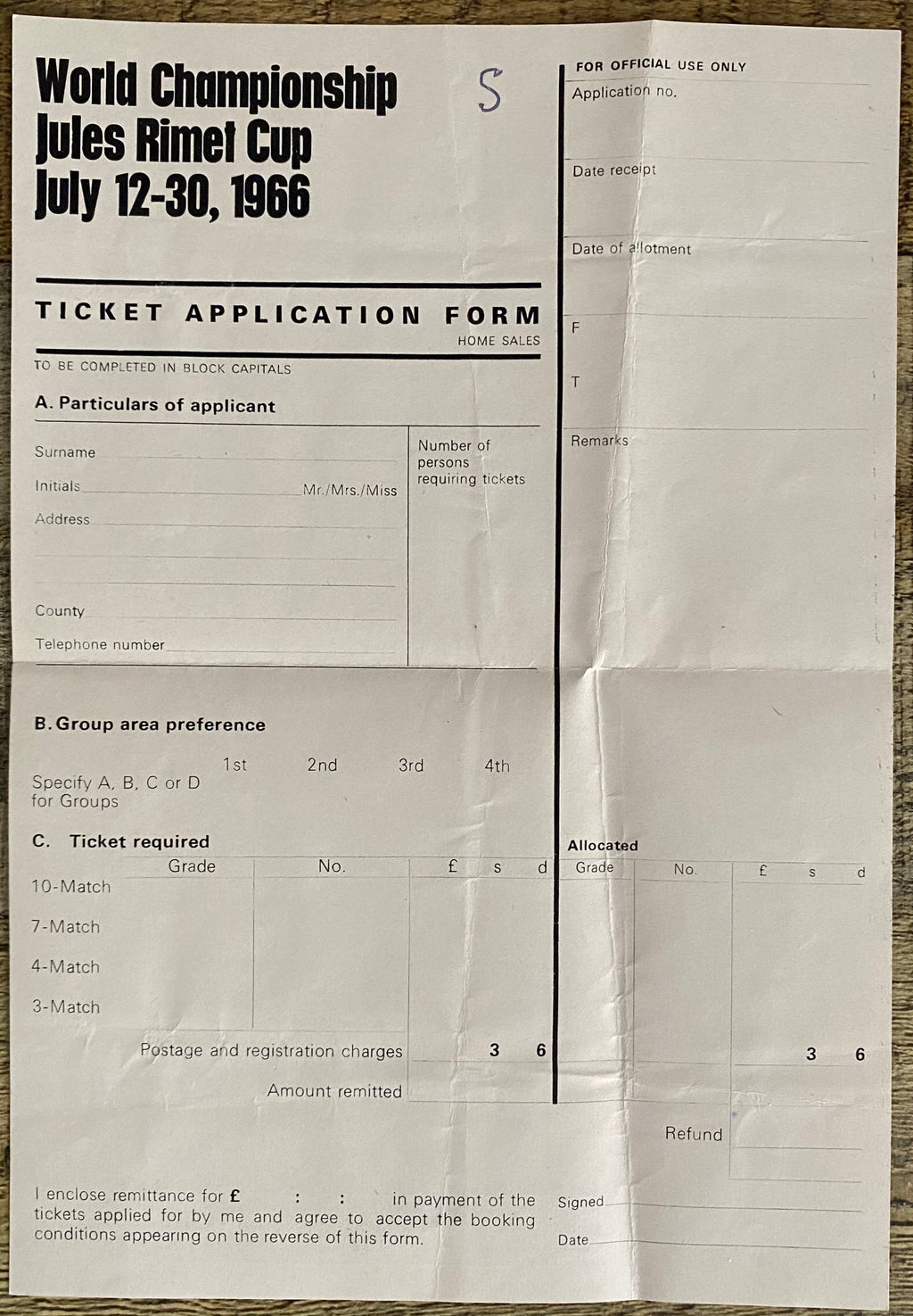1966 WORLD CUP ORIGINAL OFFICIAL TICKET APPLICATION FORM