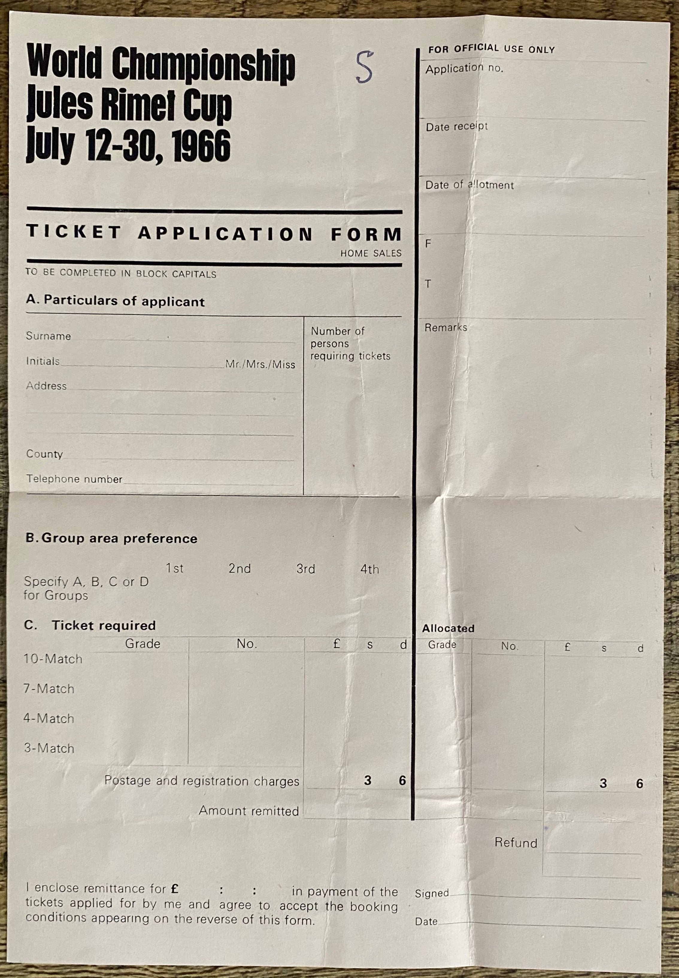 1966 WORLD CUP ORIGINAL OFFICIAL TICKET APPLICATION FORM