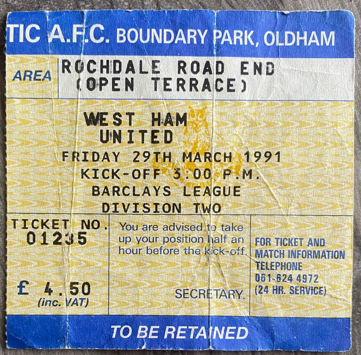 1990/91 ORIGINAL DIVISION 2 TICKET OLDHAM ATHLETIC V WEST HAM UNITED
