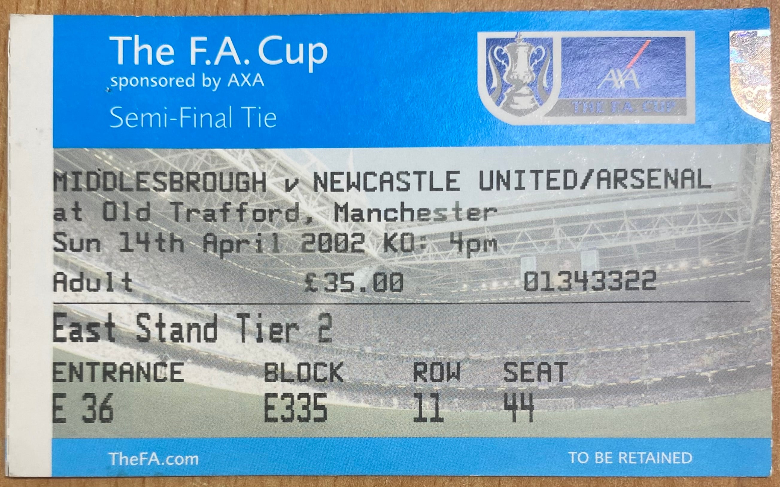2002 ORIGINAL FA CUP SEMI FINAL TICKET MIDDLESBROUGH V ARSENAL @ OLD TRAFFORD