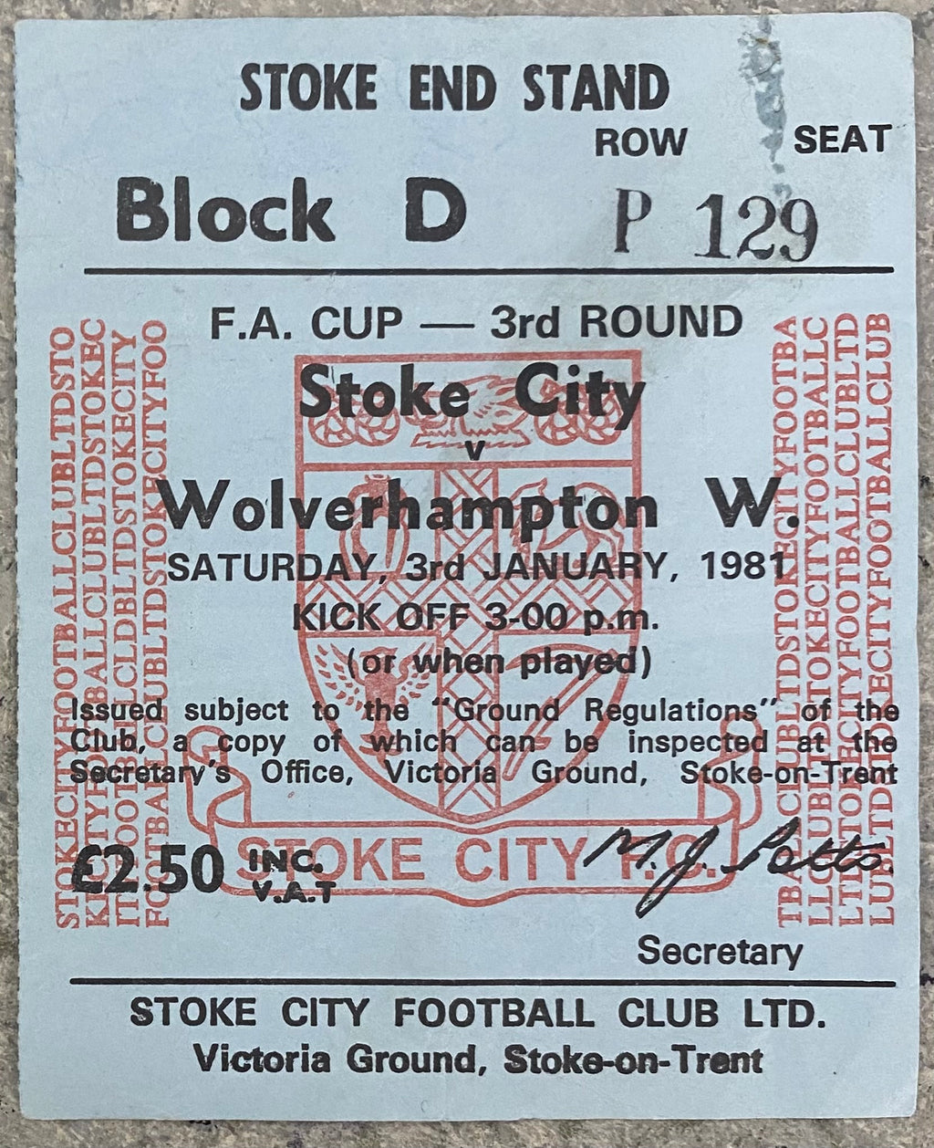 1980/81 ORIGINAL FA CUP 3RD ROUND TICKET STOKE CITY V WOLVERHAMPTON WANDERERS