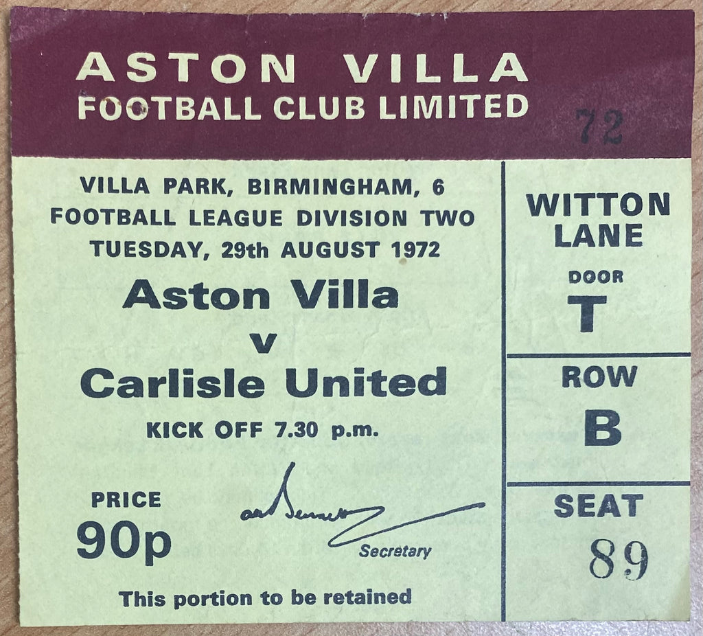 1972/73 ORIGINAL DIVISION 2 TICKET ASTON VILLA V CARLISLE UNITED