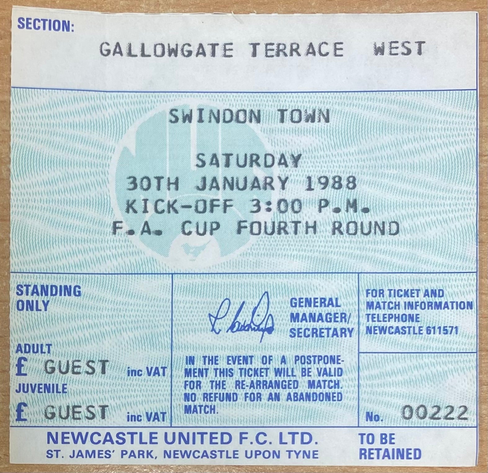 1987/88 ORIGINAL FA CUP 4TH ROUND TICKET NEWCASTLE UNITED V SWINDON TOWN