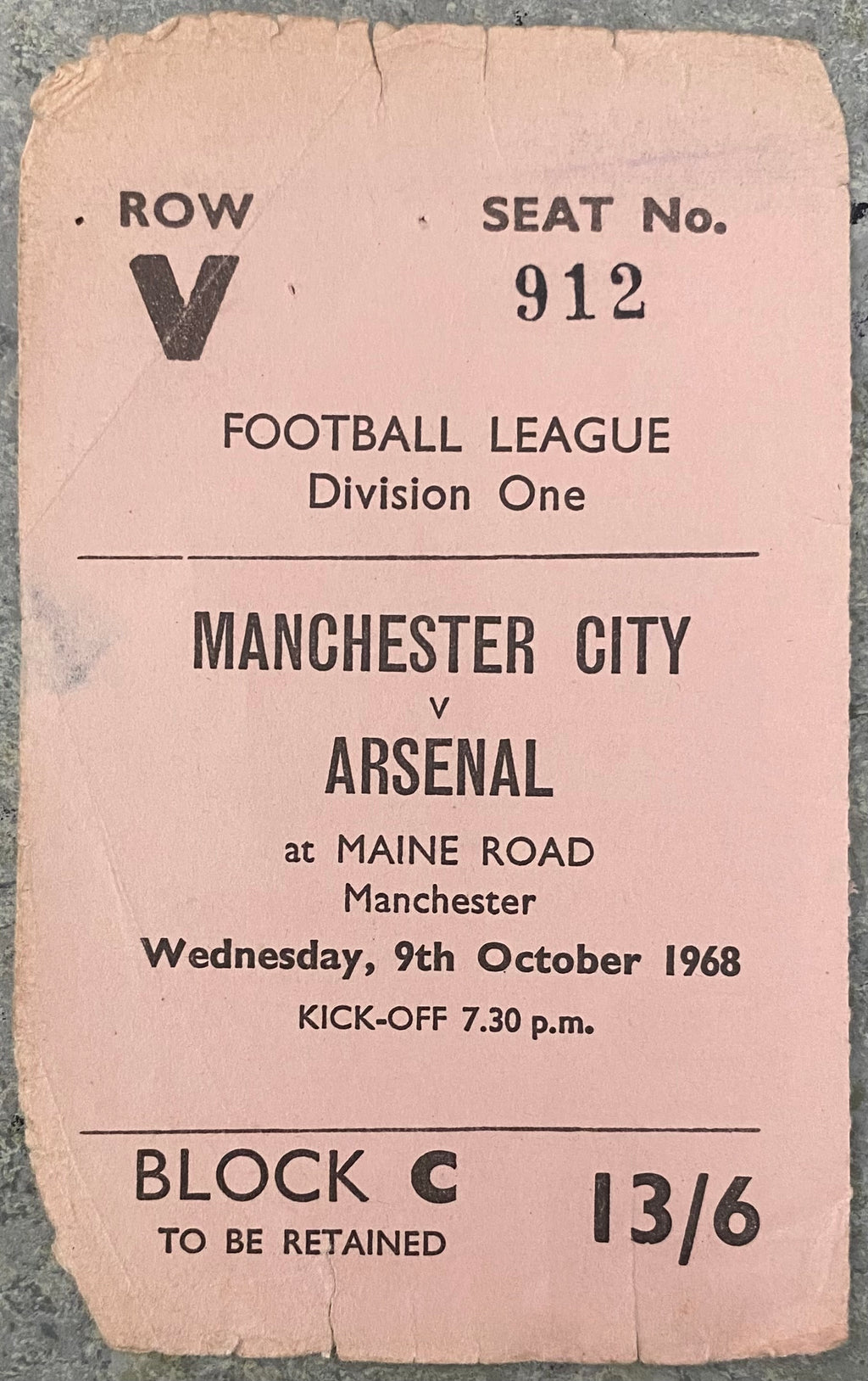 1968/69  ORIGINAL DIVISION 1 TICKET MANCHESTER CITY V ARSENAL