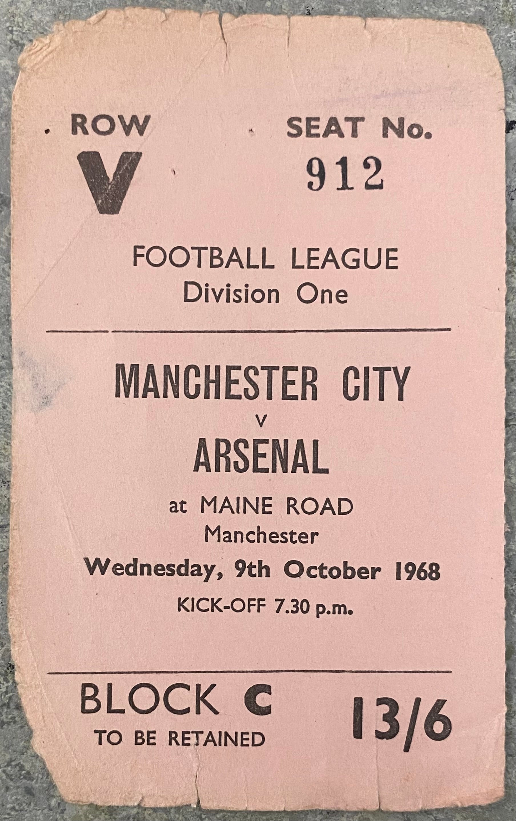 1968/69  ORIGINAL DIVISION 1 TICKET MANCHESTER CITY V ARSENAL