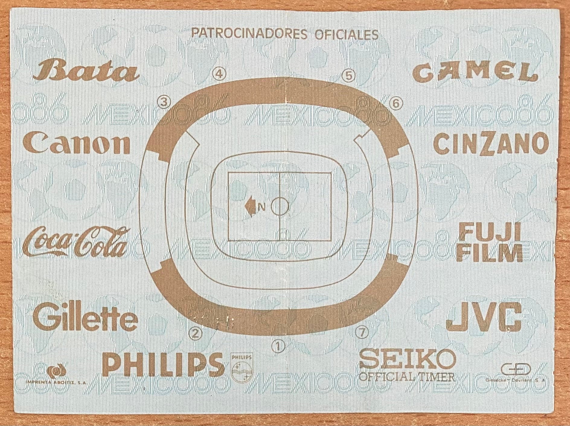 1986 ORIGINAL WORLD CUP 2ND ROUND TICKET MEXICO V BULGARIA @ MEXICO CITY