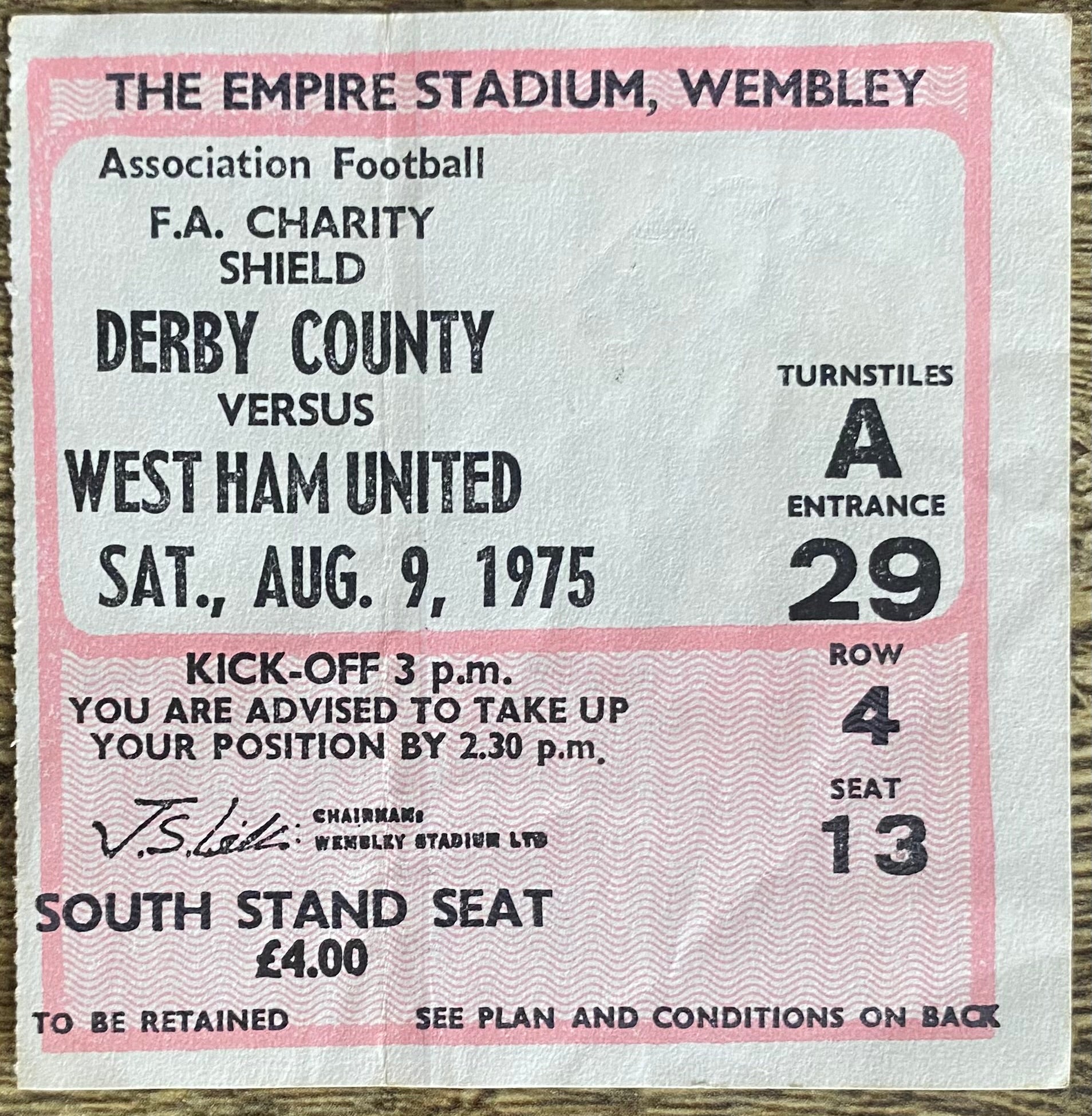 1975 ORIGINAL CHARITY SHIELD TICKET DERBY COUNTY V WEST HAM UNITED