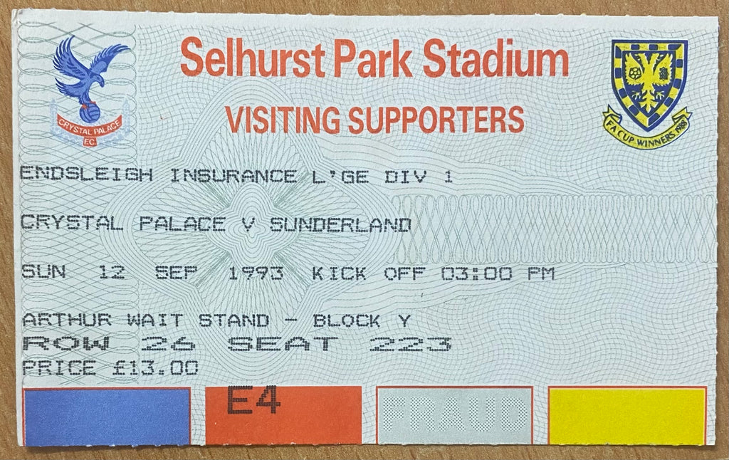 1993/94 ORIGINAL DIVISION 1 TICKET CRYSTAL PALACE V SUNDERLAND