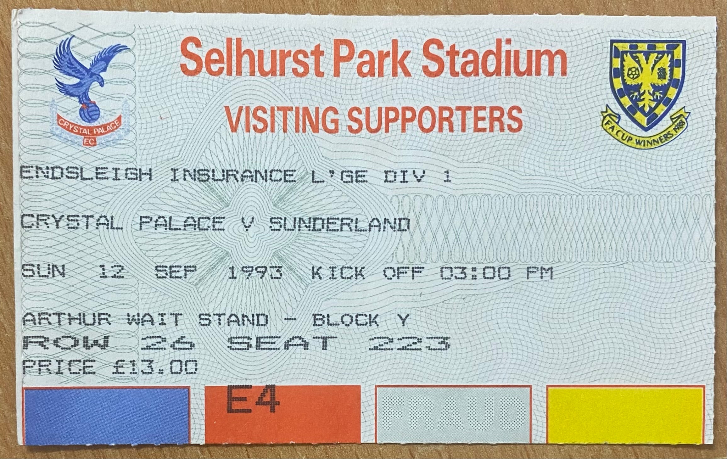 1993/94 ORIGINAL DIVISION 1 TICKET CRYSTAL PALACE V SUNDERLAND