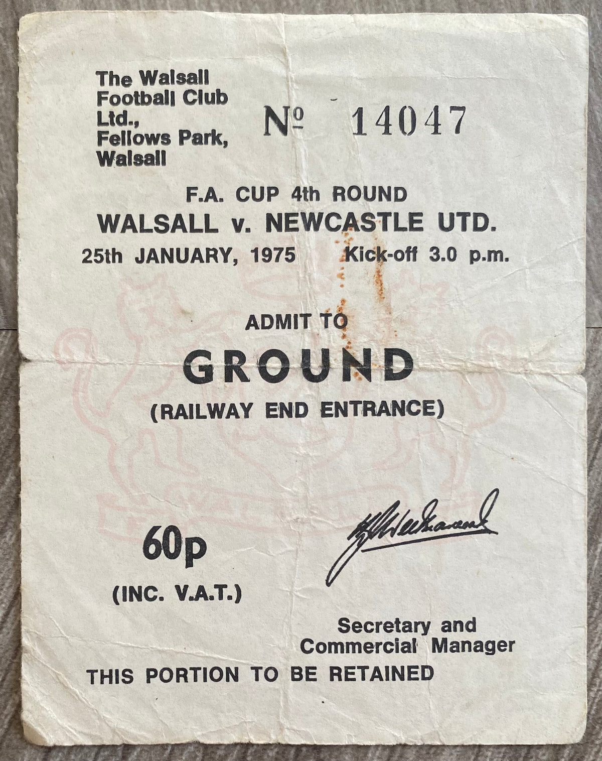 1974/75 ORIGINAL FA CUP 4TH ROUND TICKET WALSALL V NEWCASTLE UNITED