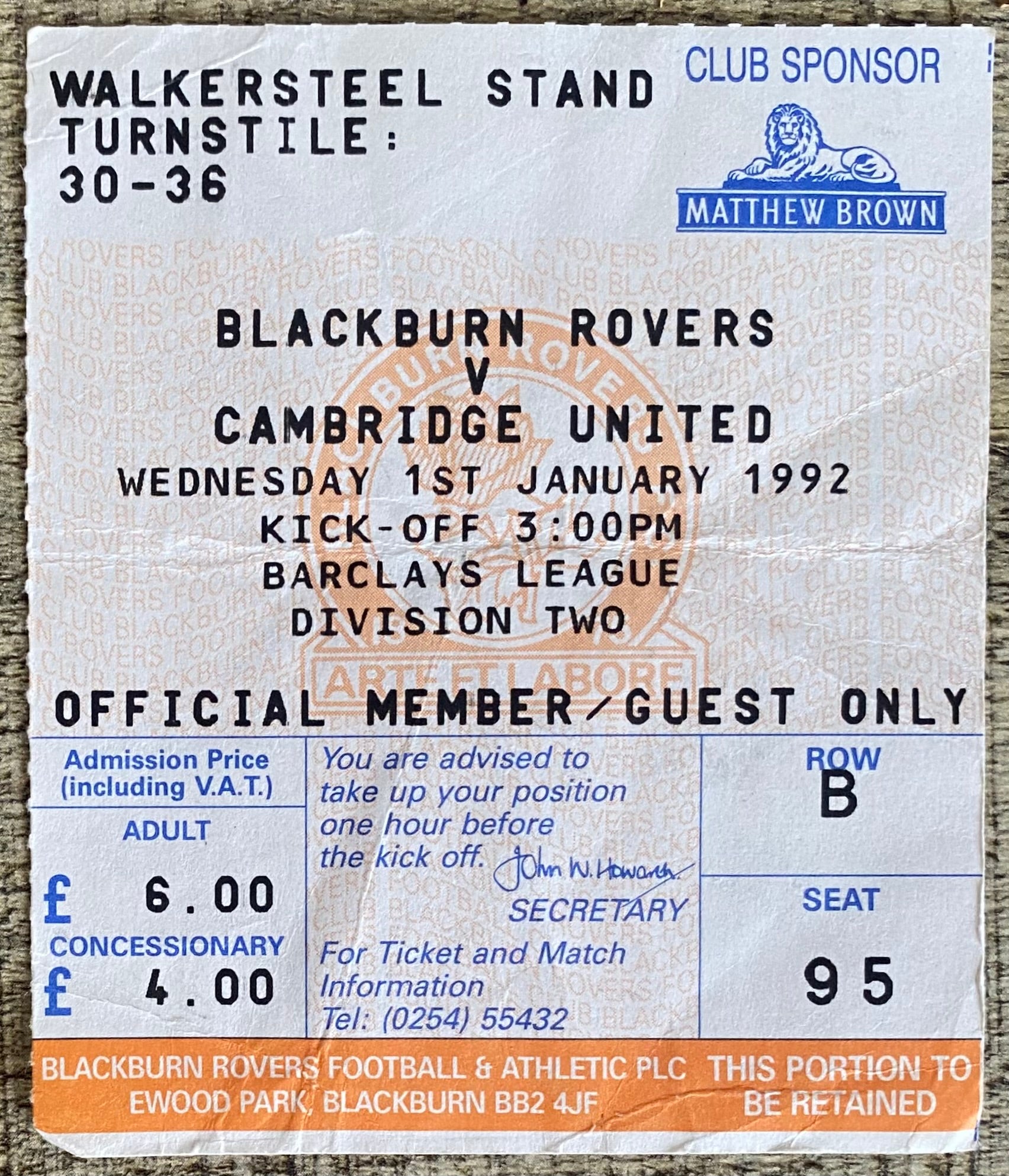 1991/92 ORIGINAL DIVISION 2 TICKET BLACKBURN ROVERS V CAMBRIDGE UNITED