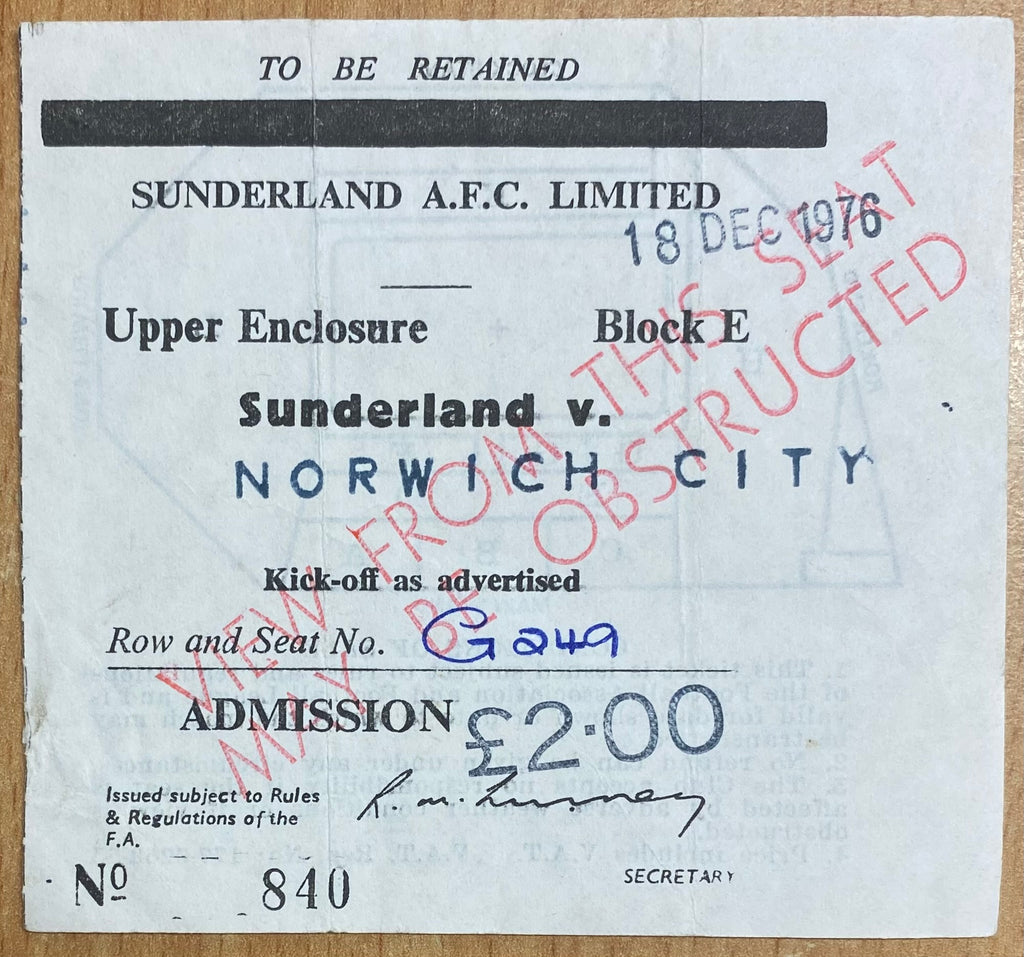 1976/77 ORIGINAL DIVISION 2 TICKET SUNDERLAND V NORWICH CITY