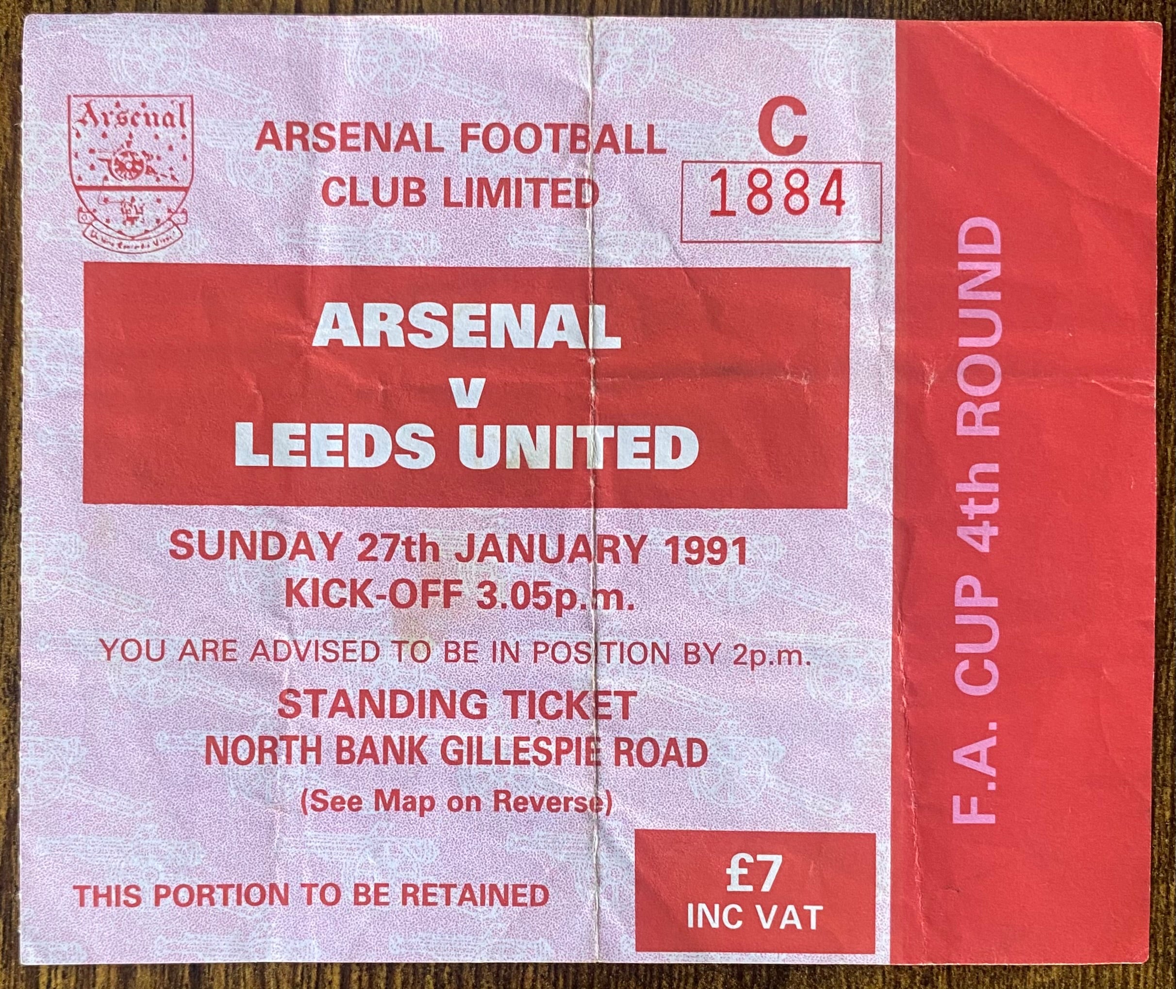 1990/91 ORIGINAL FA CUP 4TH ROUND TICKET ARSENAL V LEEDS UNITED
