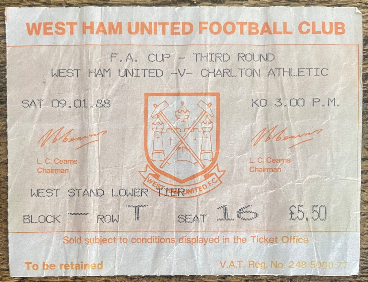 1987/88 ORIGINAL FA CUP 3RD ROUND TICKET WEST HAM UNITED V CHARLTON ATHLETIC