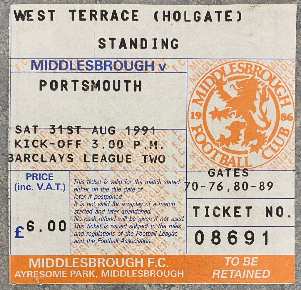 1991/92 ORIGINAL DIVISION 2 TICKET MIDDLESBROUGH V PORTSMOUTH