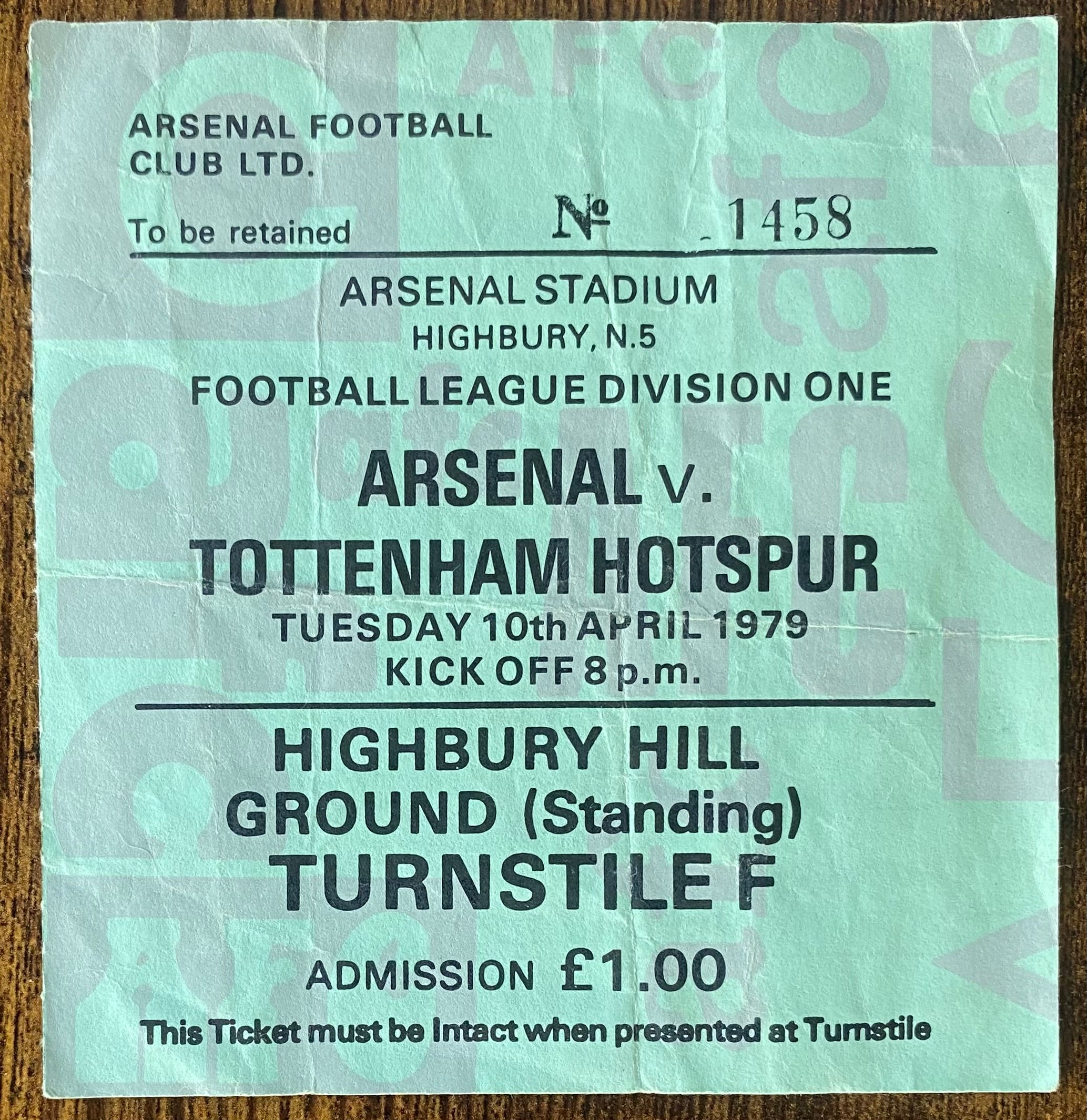 1978/79 ORIGINAL DIVISION ONE TICKET ARSENAL V TOTTENHAM HOTSPUR