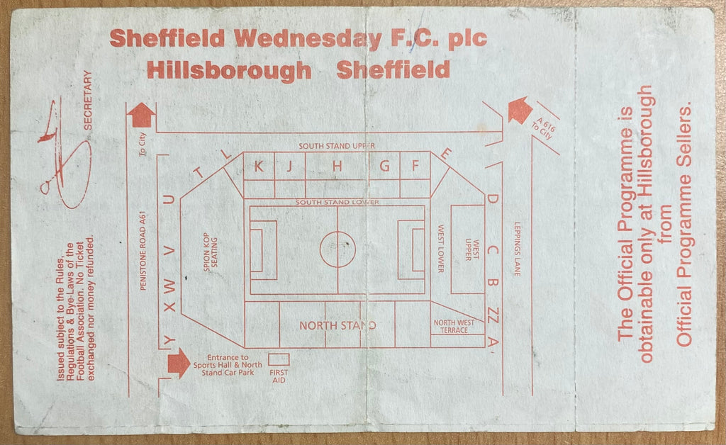 1993/94 ORIGINAL FA PREMIERSHIP UNUSED TICKET SHEFFIELD WEDNESDAY V CHELSEA