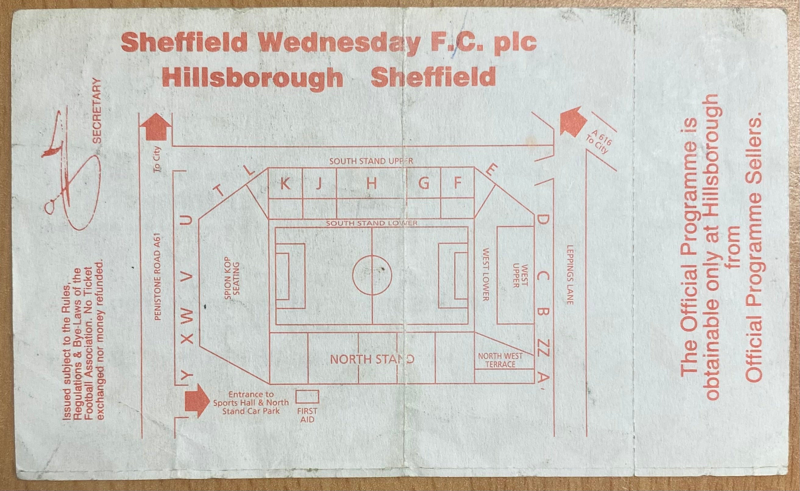 1993/94 ORIGINAL FA PREMIERSHIP UNUSED TICKET SHEFFIELD WEDNESDAY V CHELSEA