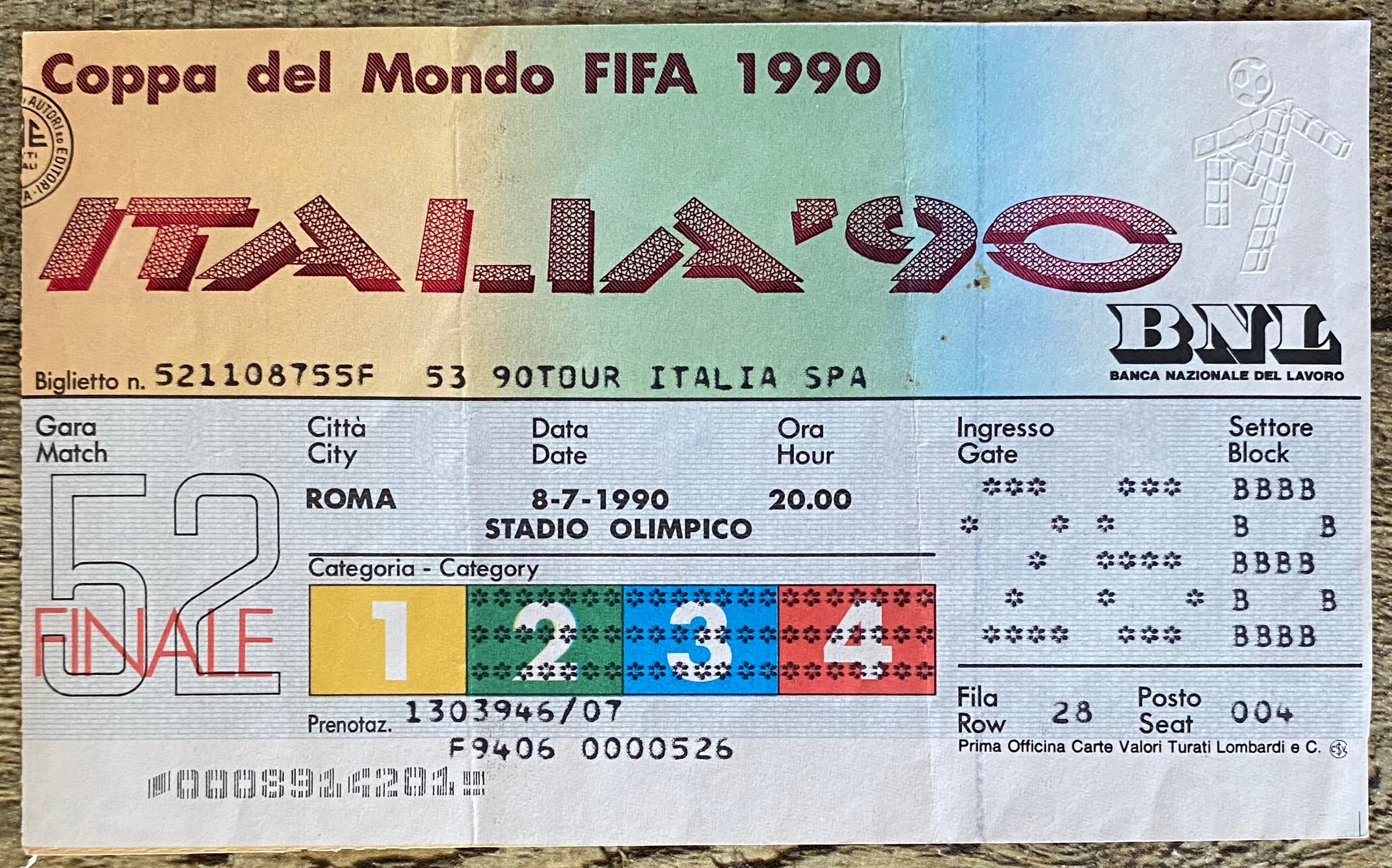 1990 ORIGINAL WORLD CUP FINAL TICKET ARGENTINA V WEST GERMANY @ ROME
