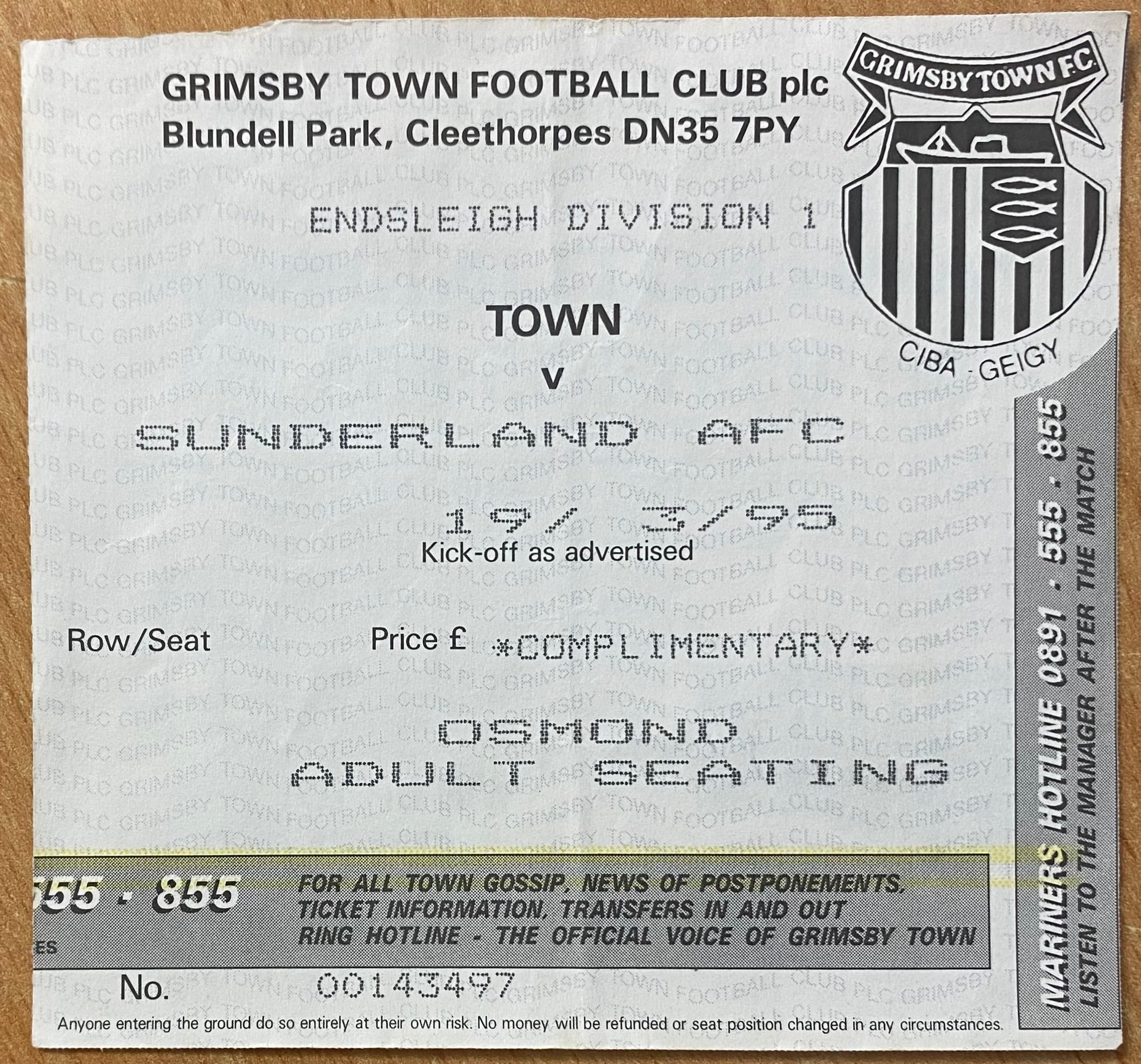 1994/95 ORIGINAL DIVISION 1 TICKET GRIMSBY TOWN V SUNDERLAND