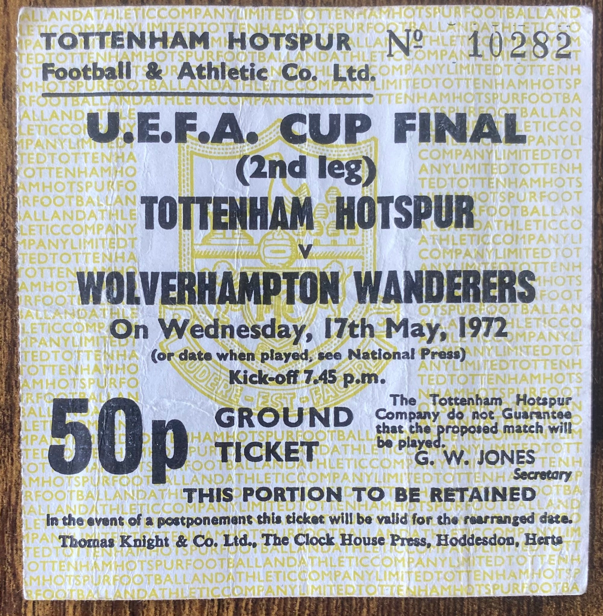1971/72 ORIGINAL UEFA CUP FINAL 2ND LEG TICKET TOTTENHAM HOTSPUR V WOLVERHAMPTON WANDERERS