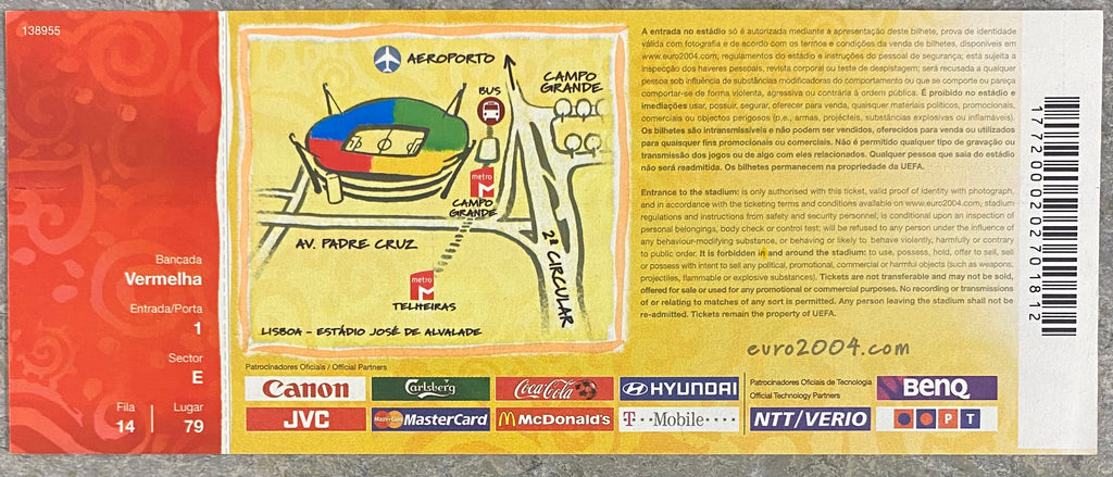 2004 ORIGINAL EUROPEAN CHAMPIONSHIPS UNUSED TICKET SPAIN V PORTUGAL @ LISBON
