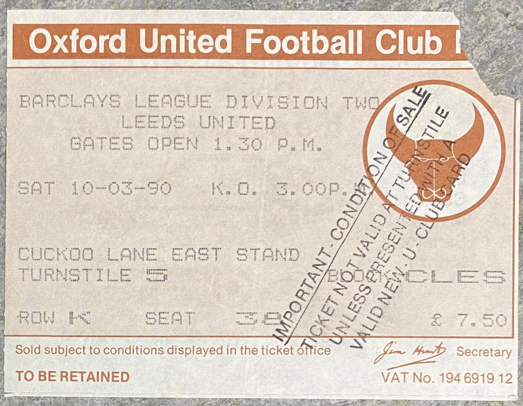 1989/90 ORIGINAL DIVISION TWO TICKET OXFORD UNITED V LEEDS UNITED