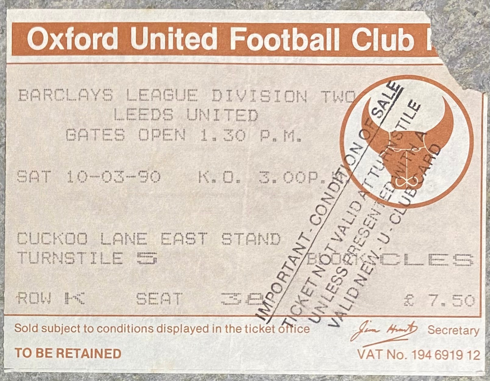 1989/90 ORIGINAL DIVISION TWO TICKET OXFORD UNITED V LEEDS UNITED
