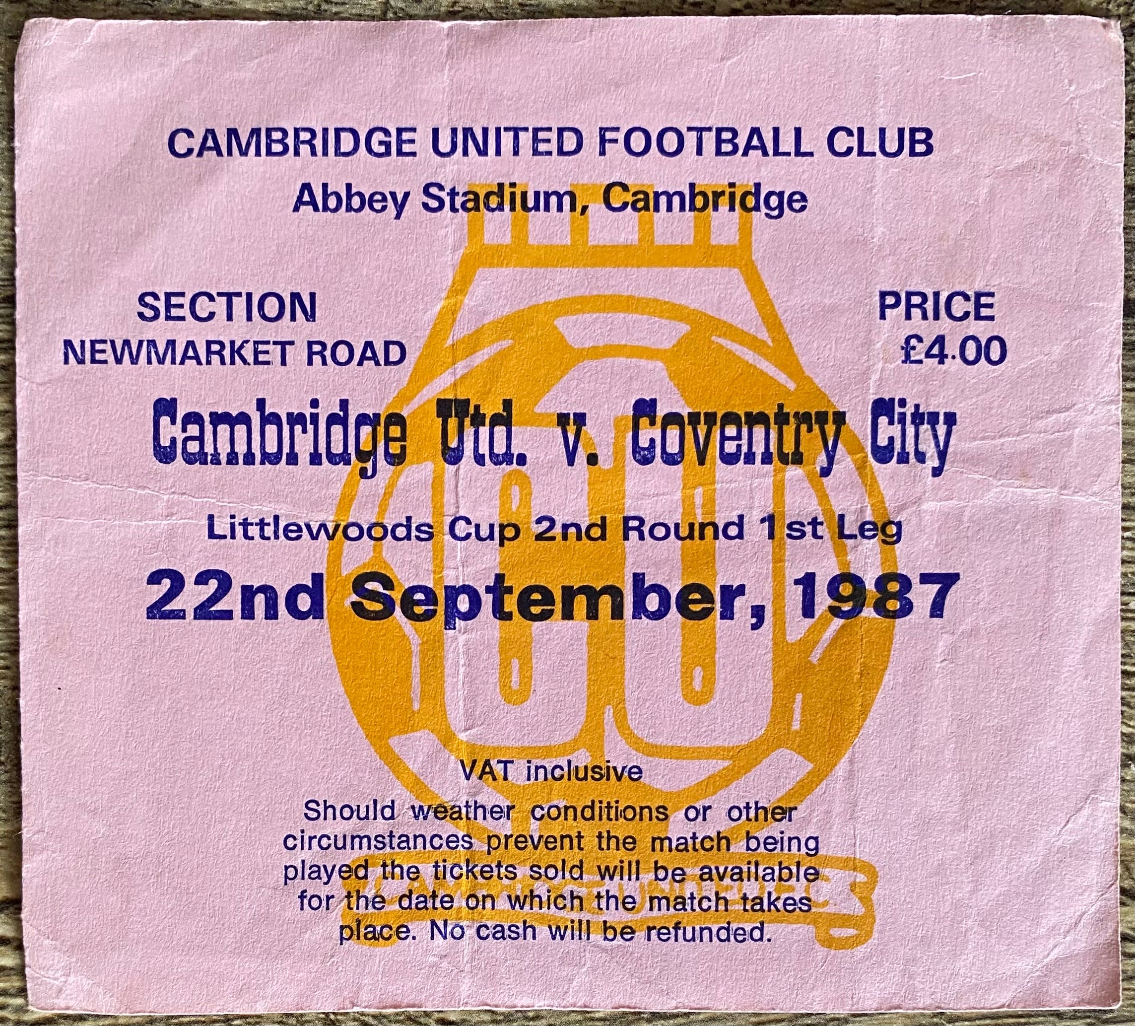 1987/88 ORIGINAL LITTLEWOODS CUP 2ND ROUND 1ST LEG TICKET CAMBRIDGE UNITED V COVENTRY CITY