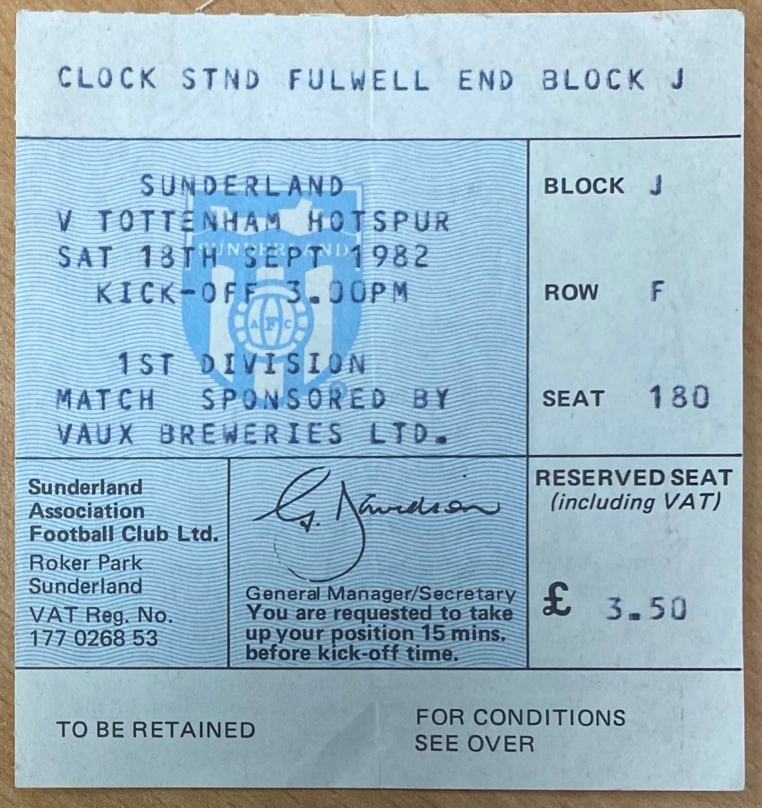 1982/83 ORIGINAL DIVISION ONE TICKET SUNDERLAND V TOTTENHAM HOTSPUR