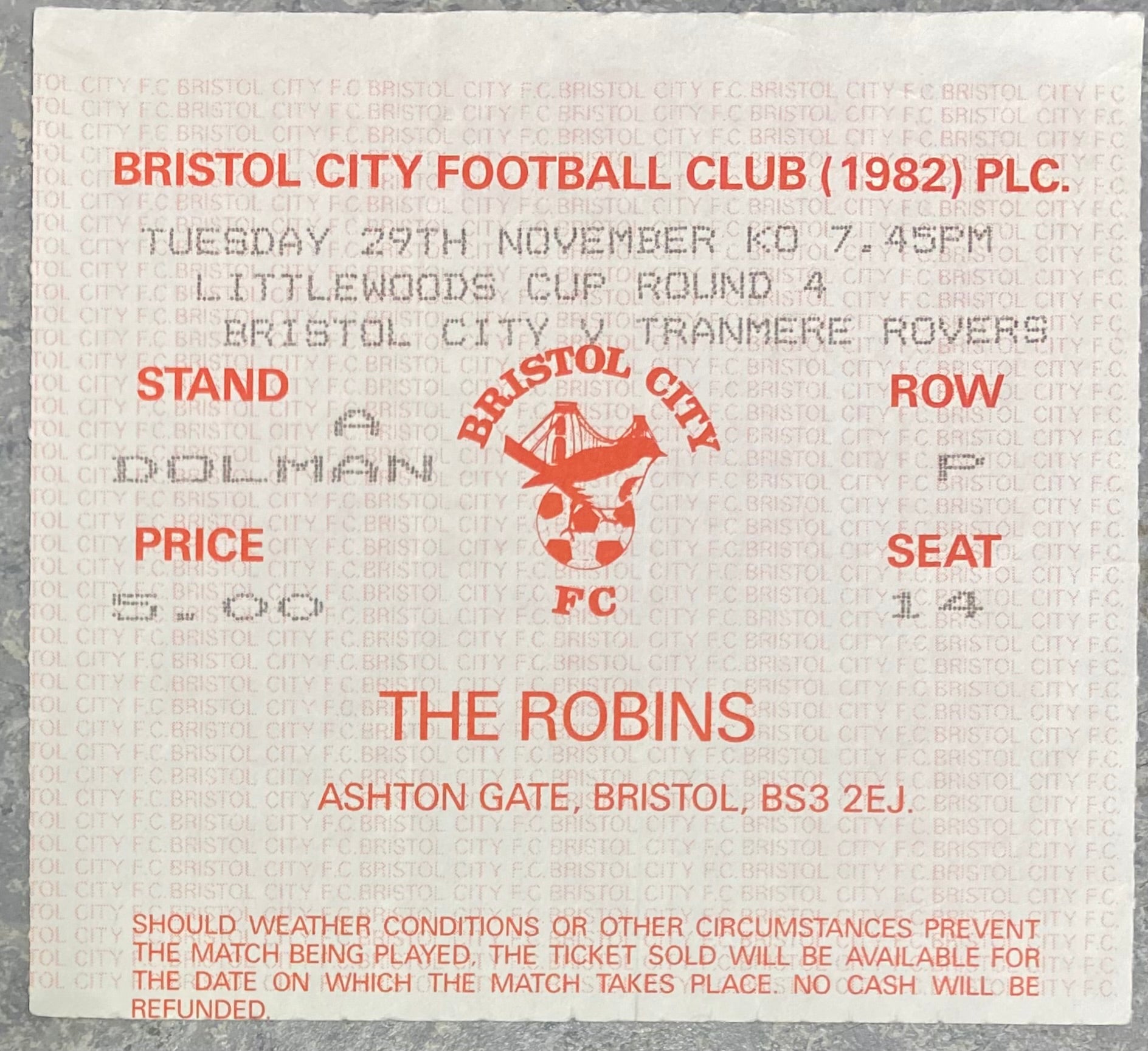 1988/89 ORIGINAL LITTLEWOODS CUP 4TH ROUND TICKET BRISTOL CITY V TRANMERE ROVERS