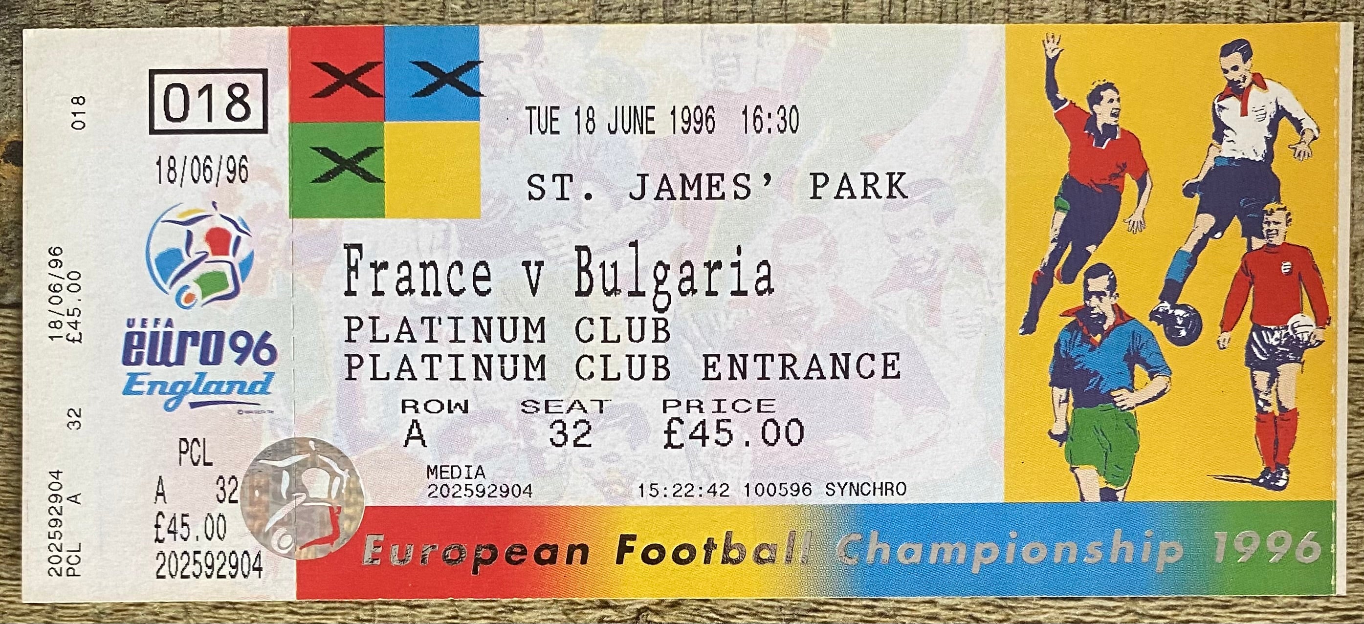 1996 ORIGINAL EUROPEAN CHAMPIONSHIPS EURO 96 UNUSED TICKET FRANCE V BULGARIA @ ST JAMES' PARK