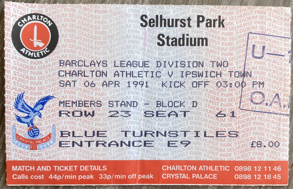 1990/91 ORIGINAL DIVISION 2 TICKET CHARLTON ATHLETIC V IPSWICH TOWN