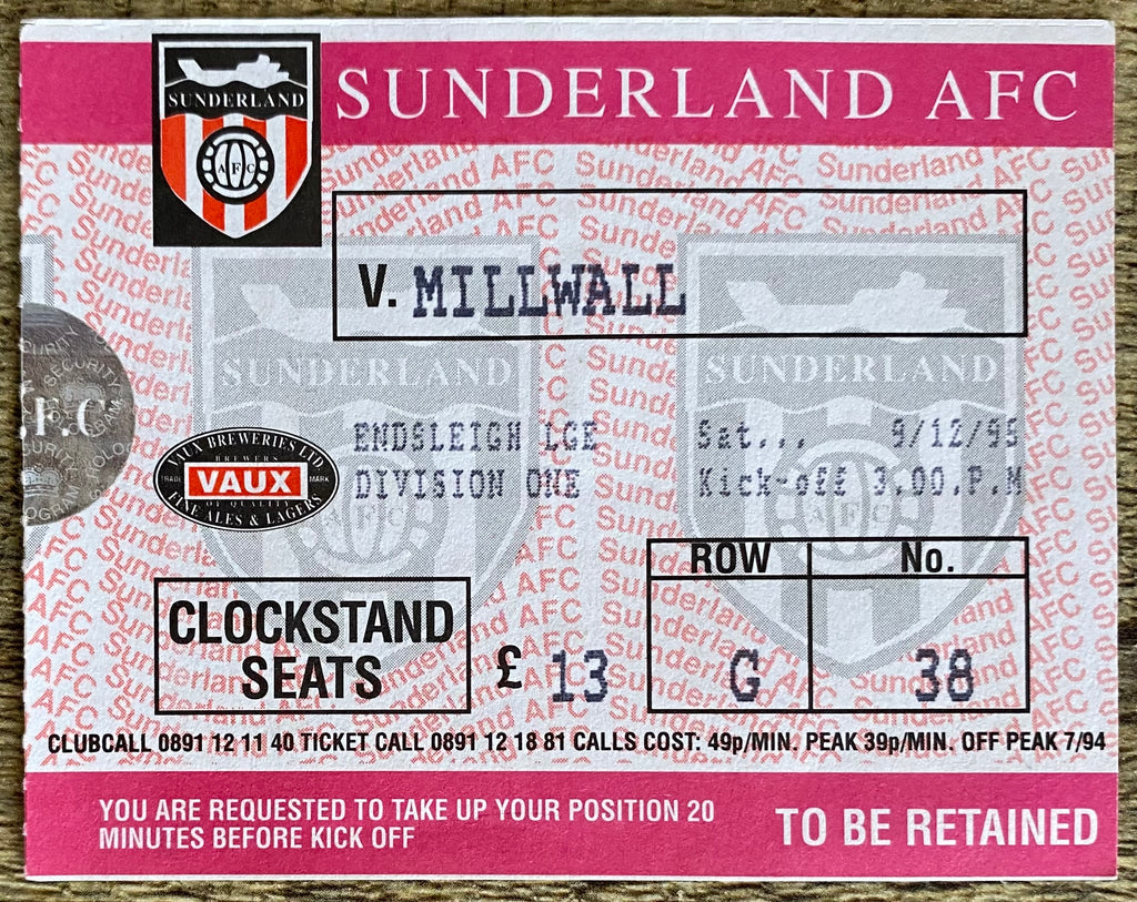 1995/96 ORIGINAL DIVISION ONE TICKET SUNDERLAND v MILLWALL