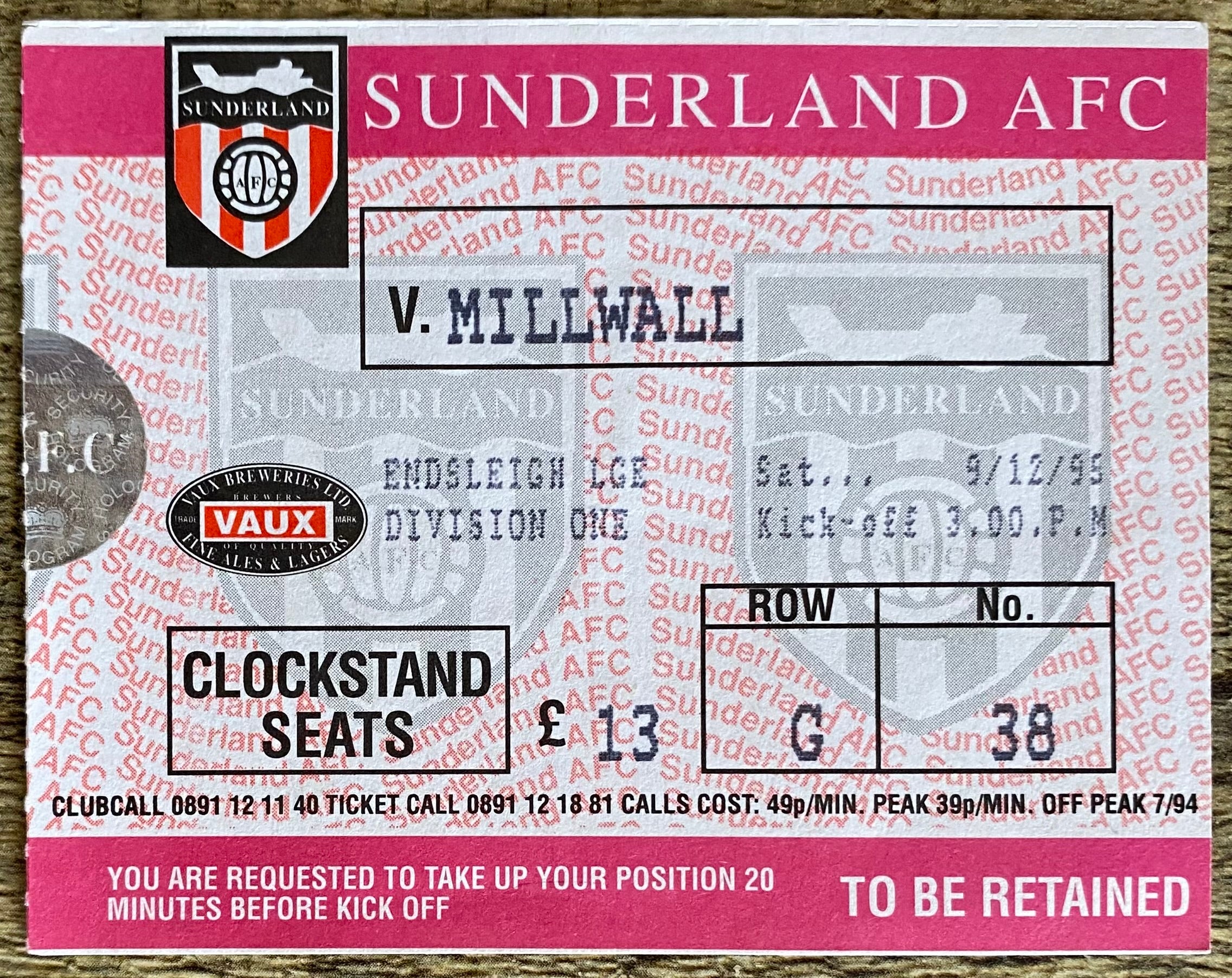 1995/96 ORIGINAL DIVISION ONE TICKET SUNDERLAND v MILLWALL