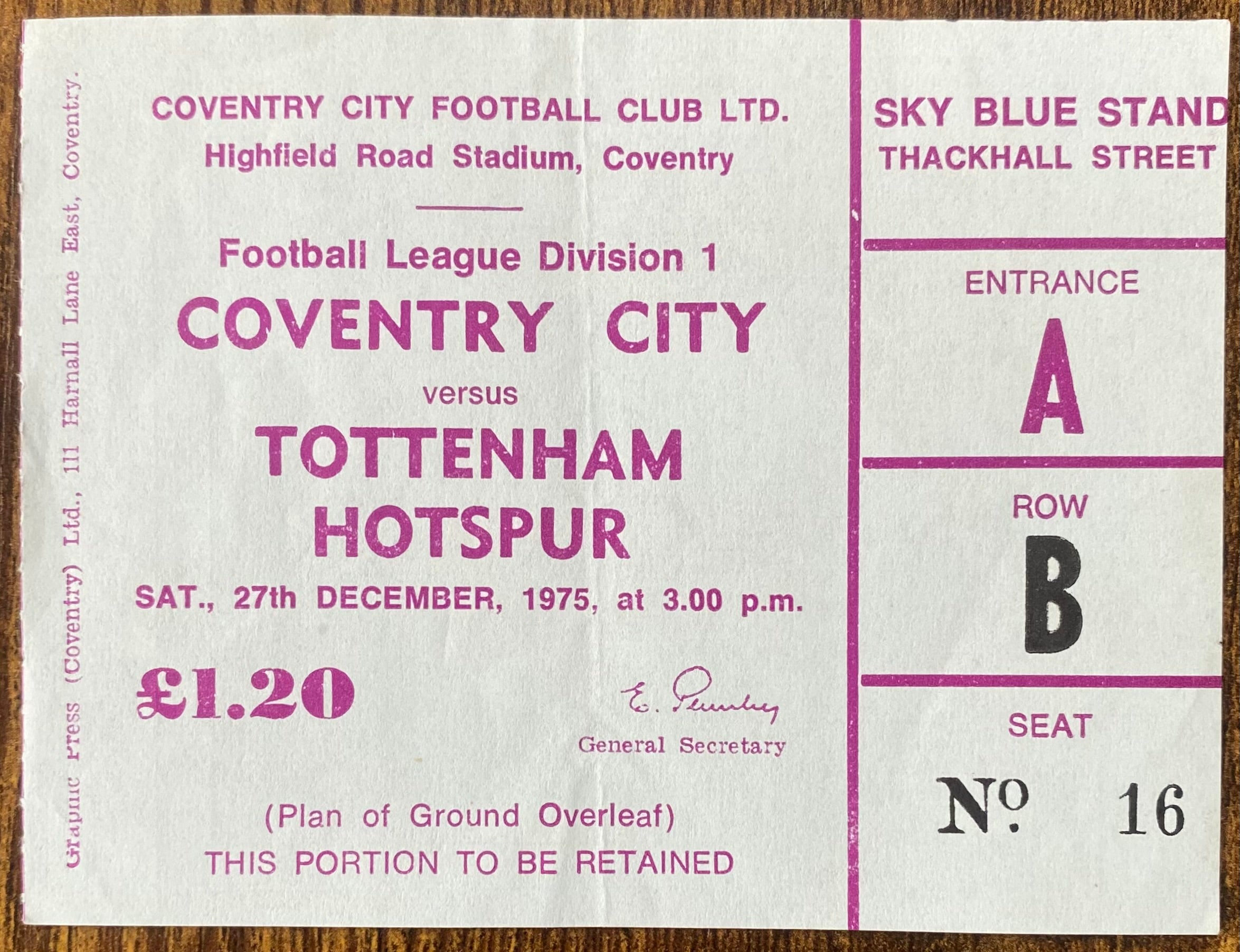 1975/76 ORIGINAL DIVISION 1 TICKET COVENTRY CITY V TOTTENHAM HOTSPUR